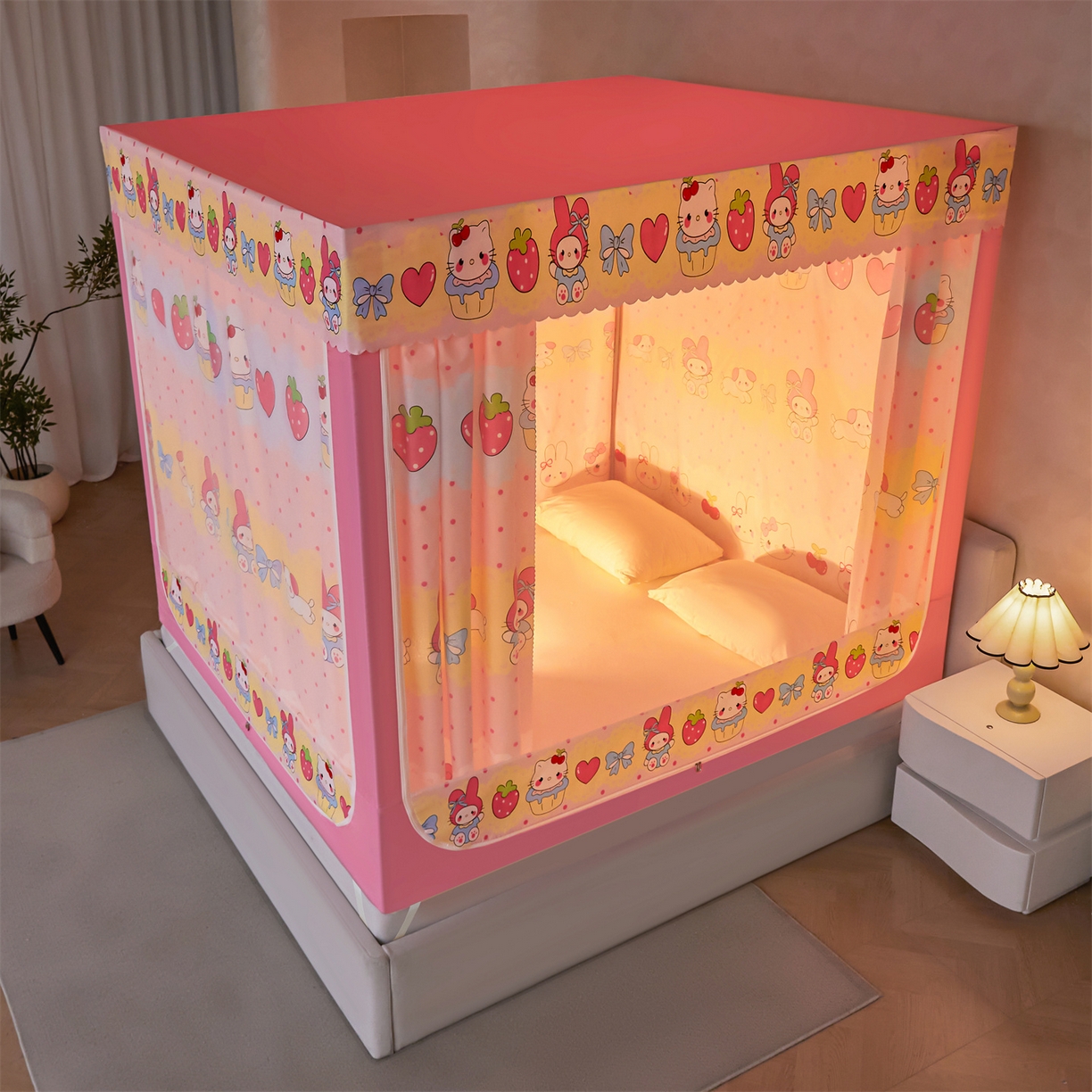 91家纺网 家纺一手货源 找家纺 迪凡保罗蚊帐 2026新款2606专版卡通回底全底AB版遮光帘坐床蚊帐 爱心蛋糕-无床帘