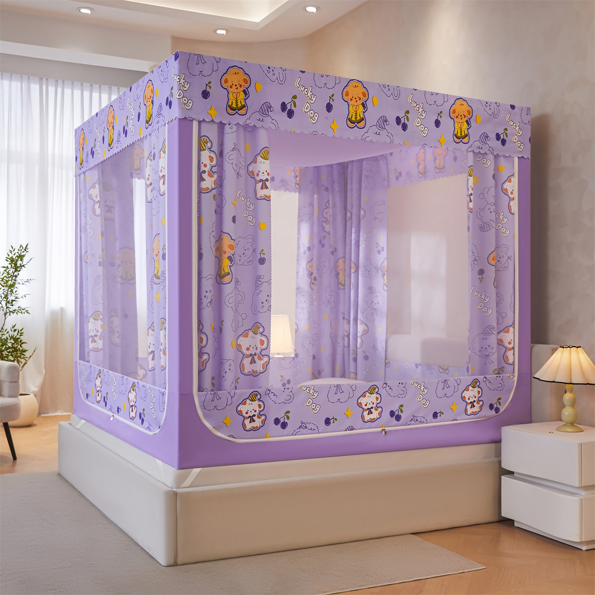 91家纺网 家纺一手货源 找家纺 迪凡保罗蚊帐 2026新款2606专版卡通回底全底AB版遮光帘坐床蚊帐 萌萌狗-带床帘