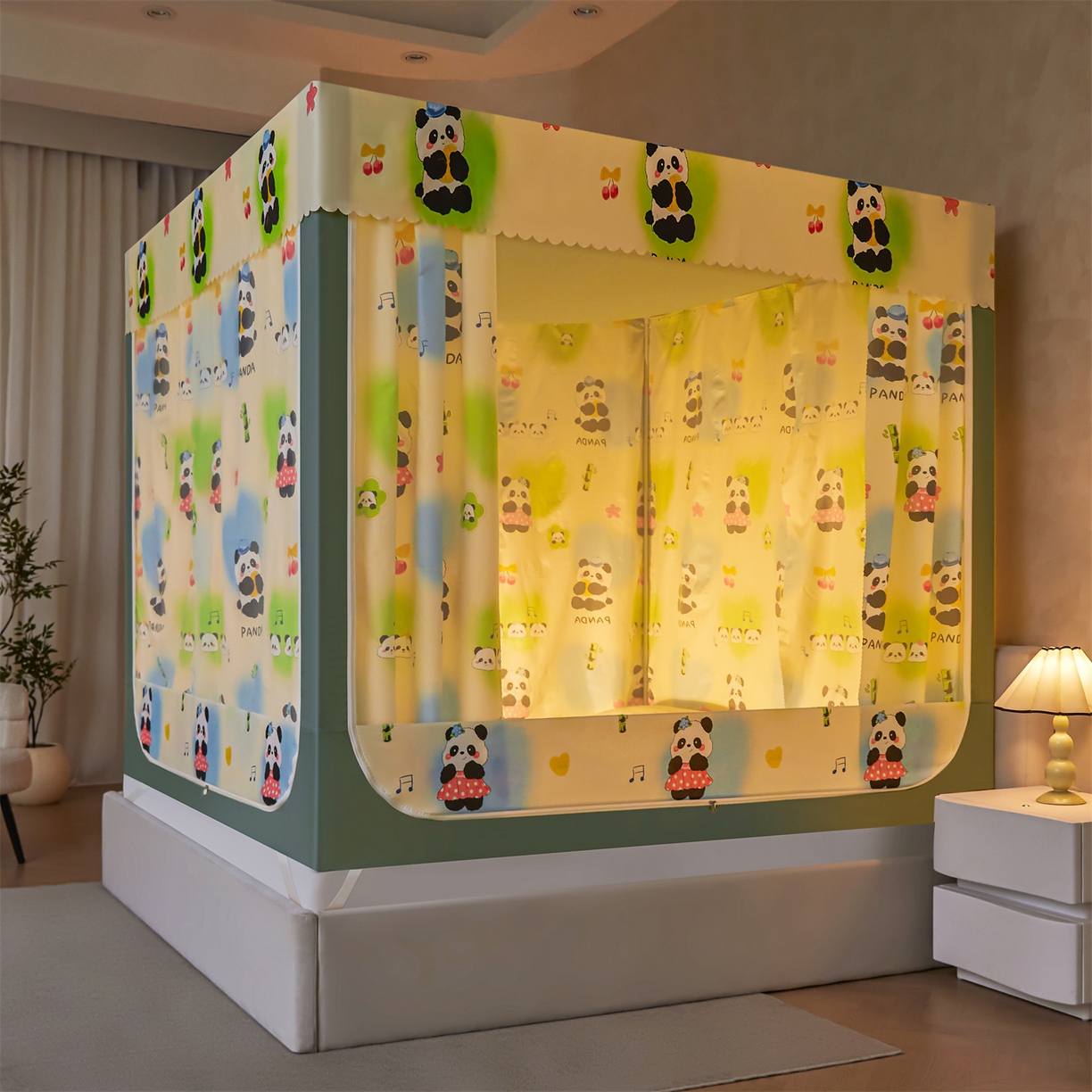 91家纺网 家纺一手货源 找家纺 迪凡保罗蚊帐 2026新款2606专版卡通回底全底AB版遮光帘坐床蚊帐 爱心熊猫-无床帘