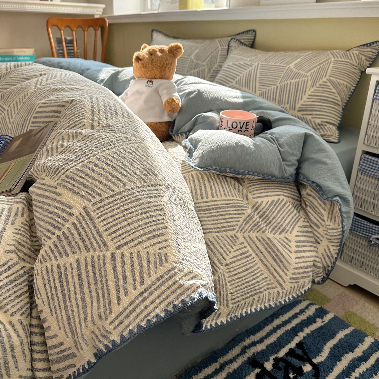 91家纺网 家纺一手货源 找家纺 几禾 2026新款高品质A类110g泡芙纱甜栗贝壳边四件套 甜栗-浅川纹