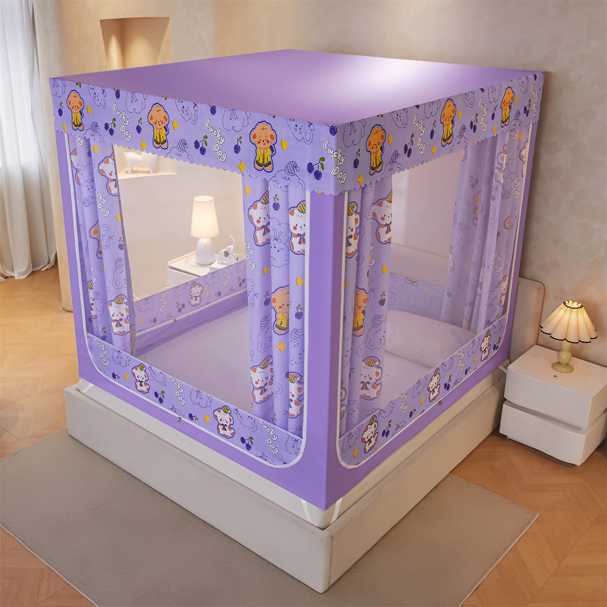 91家纺网 家纺一手货源 找家纺 迪凡保罗蚊帐 2026新款2606专版卡通回底全底AB版遮光帘坐床蚊帐 萌萌狗-无床帘