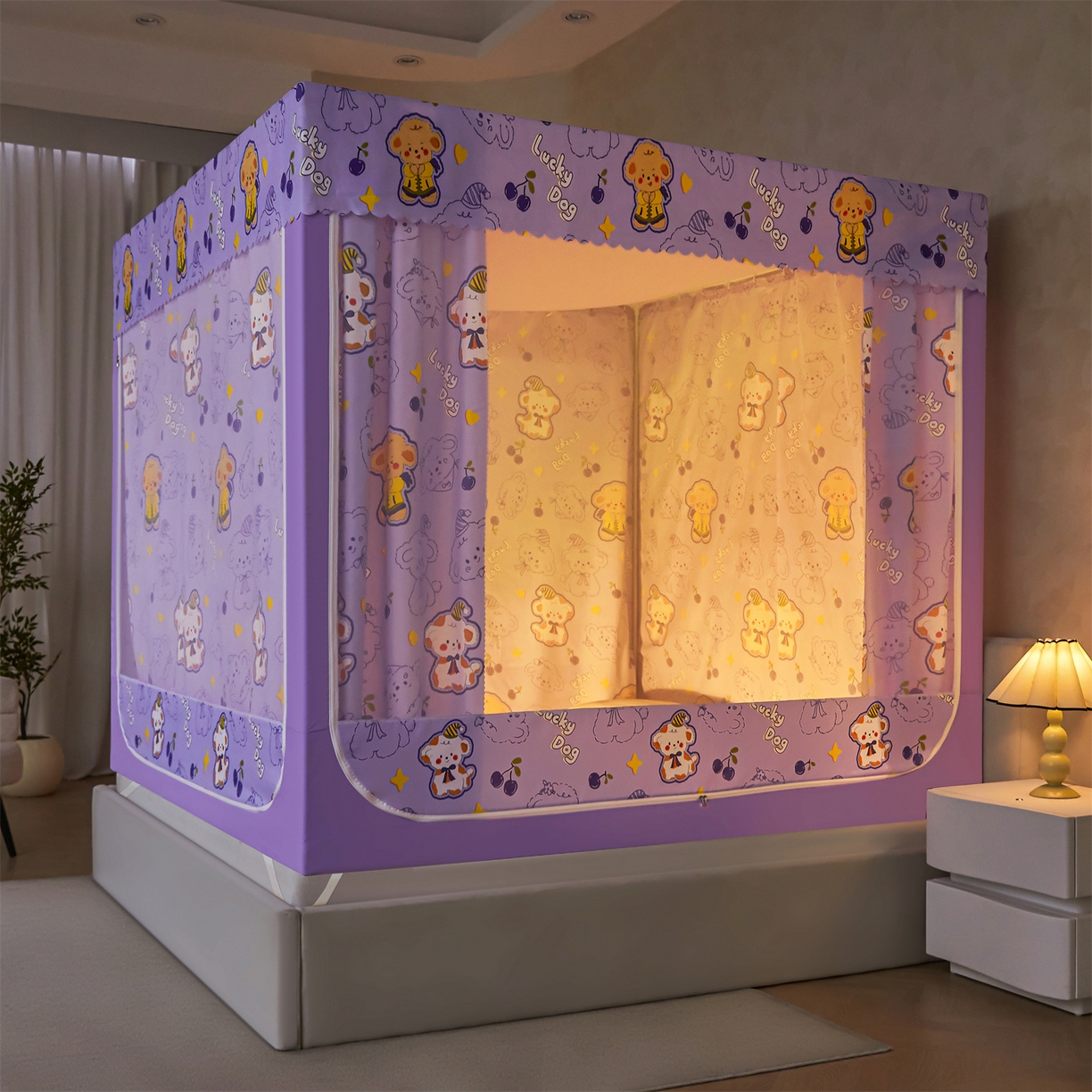 91家纺网 家纺一手货源 找家纺 迪凡保罗蚊帐 2026新款2606专版卡通回底全底AB版遮光帘坐床蚊帐 萌萌狗-无床帘