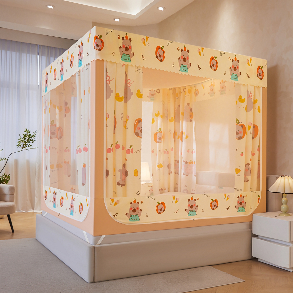 91家纺网 家纺一手货源 找家纺 迪凡保罗蚊帐 2026新款2606专版卡通回底全底AB版遮光帘坐床蚊帐 水豚派对-带床帘