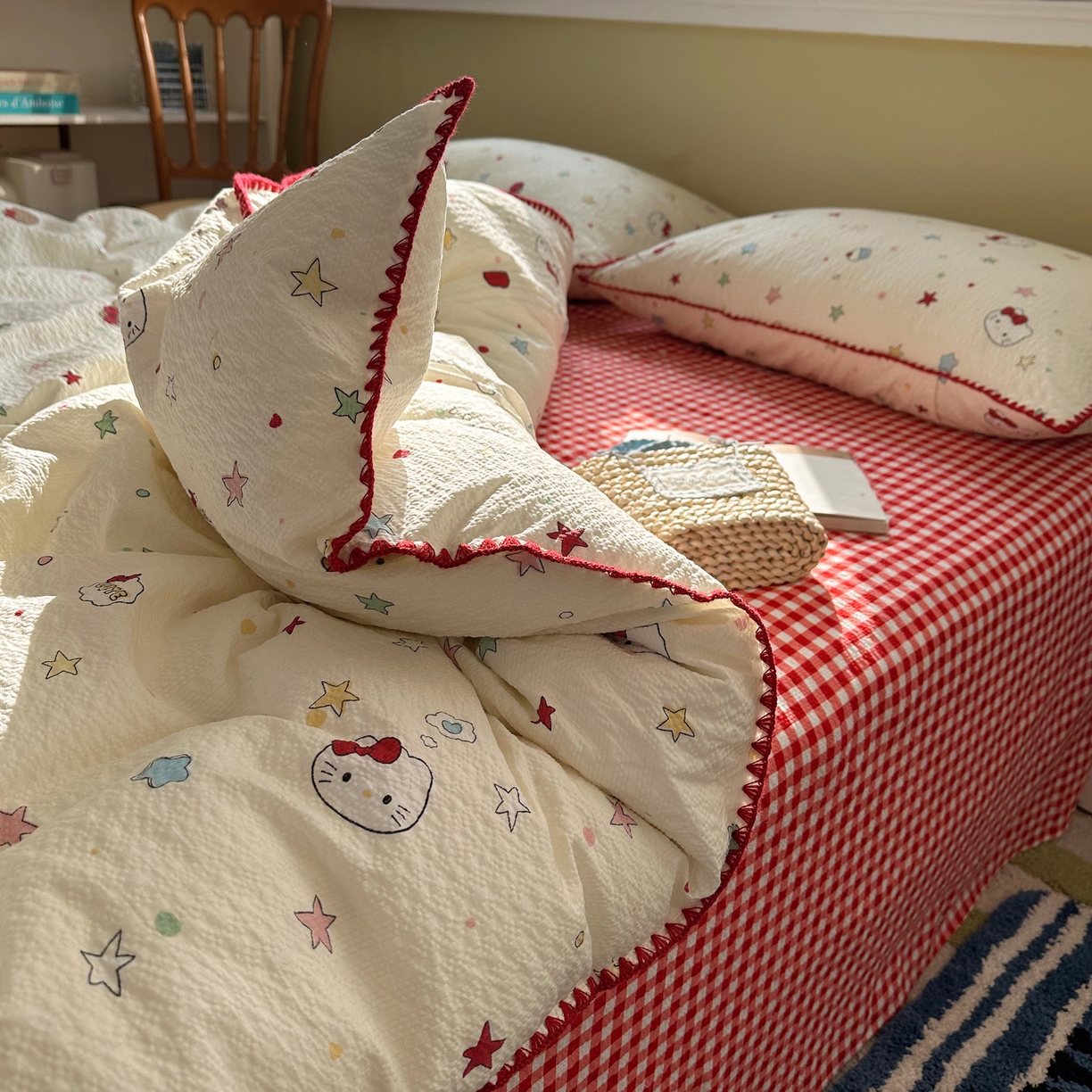 91家纺网 家纺一手货源 找家纺 几禾 2026新款高品质A类110g泡芙纱甜栗贝壳边四件套 甜栗-星芒凯蒂