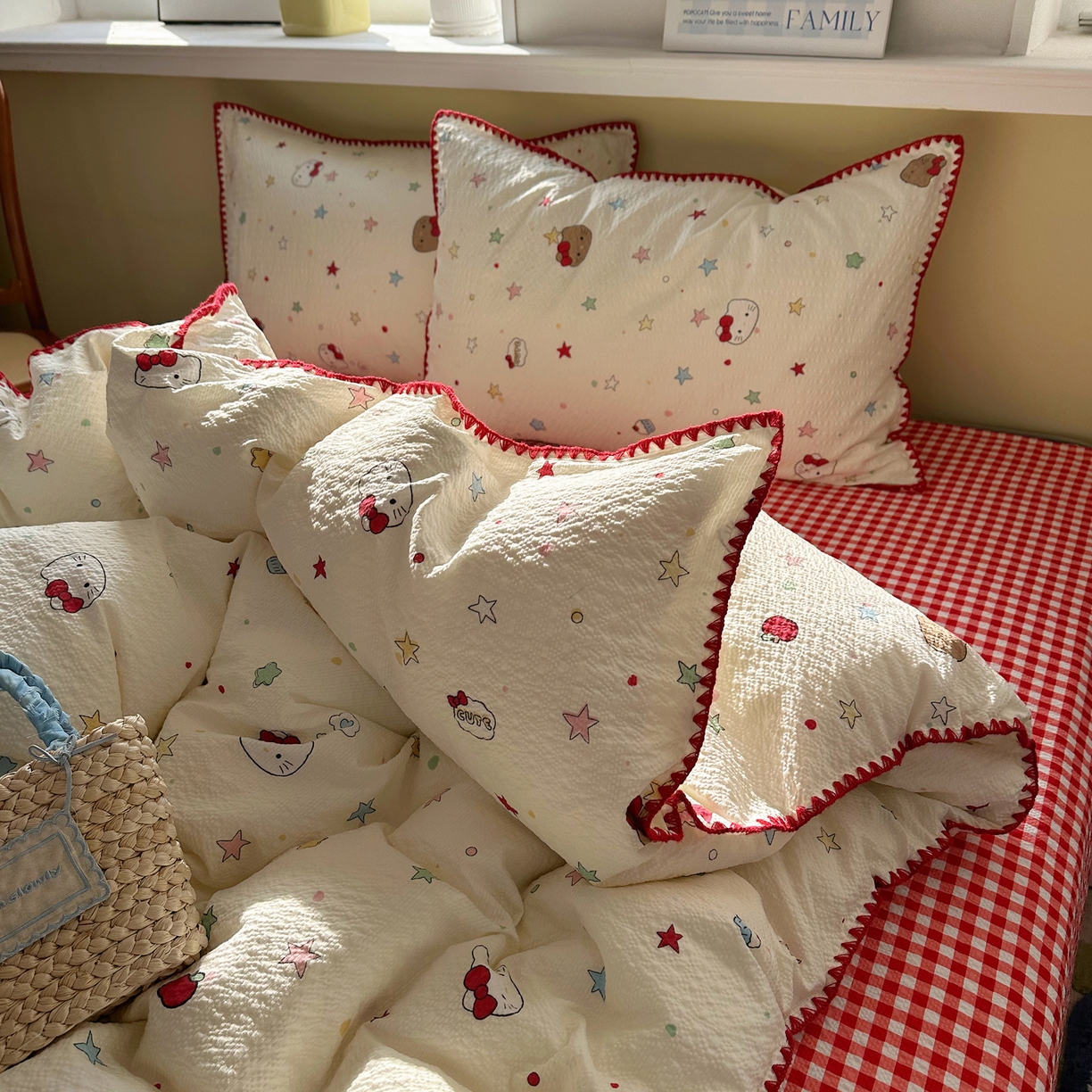 91家纺网 家纺一手货源 找家纺 几禾 2026新款高品质A类110g泡芙纱甜栗贝壳边四件套 甜栗-星芒凯蒂