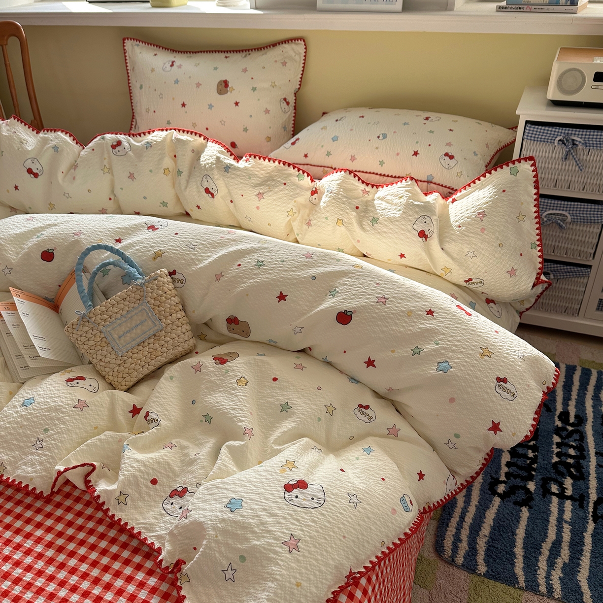 91家纺网 家纺一手货源 找家纺 几禾 2026新款高品质A类110g泡芙纱甜栗贝壳边四件套 甜栗-星芒凯蒂