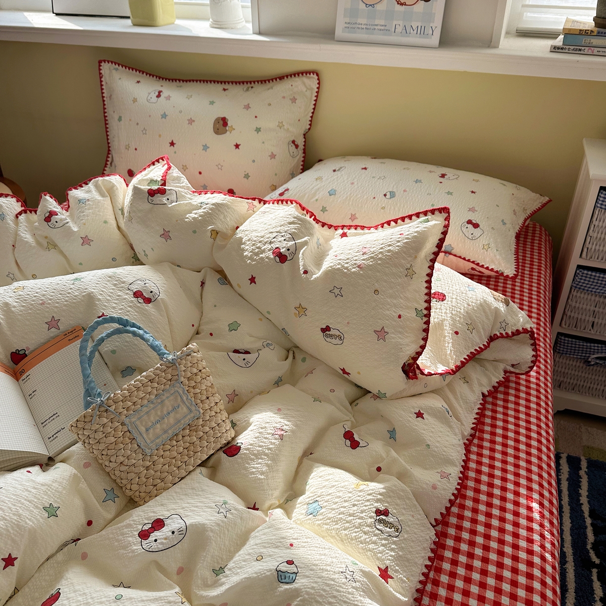 91家纺网 家纺一手货源 找家纺 几禾 2026新款高品质A类110g泡芙纱甜栗贝壳边四件套 甜栗-星芒凯蒂