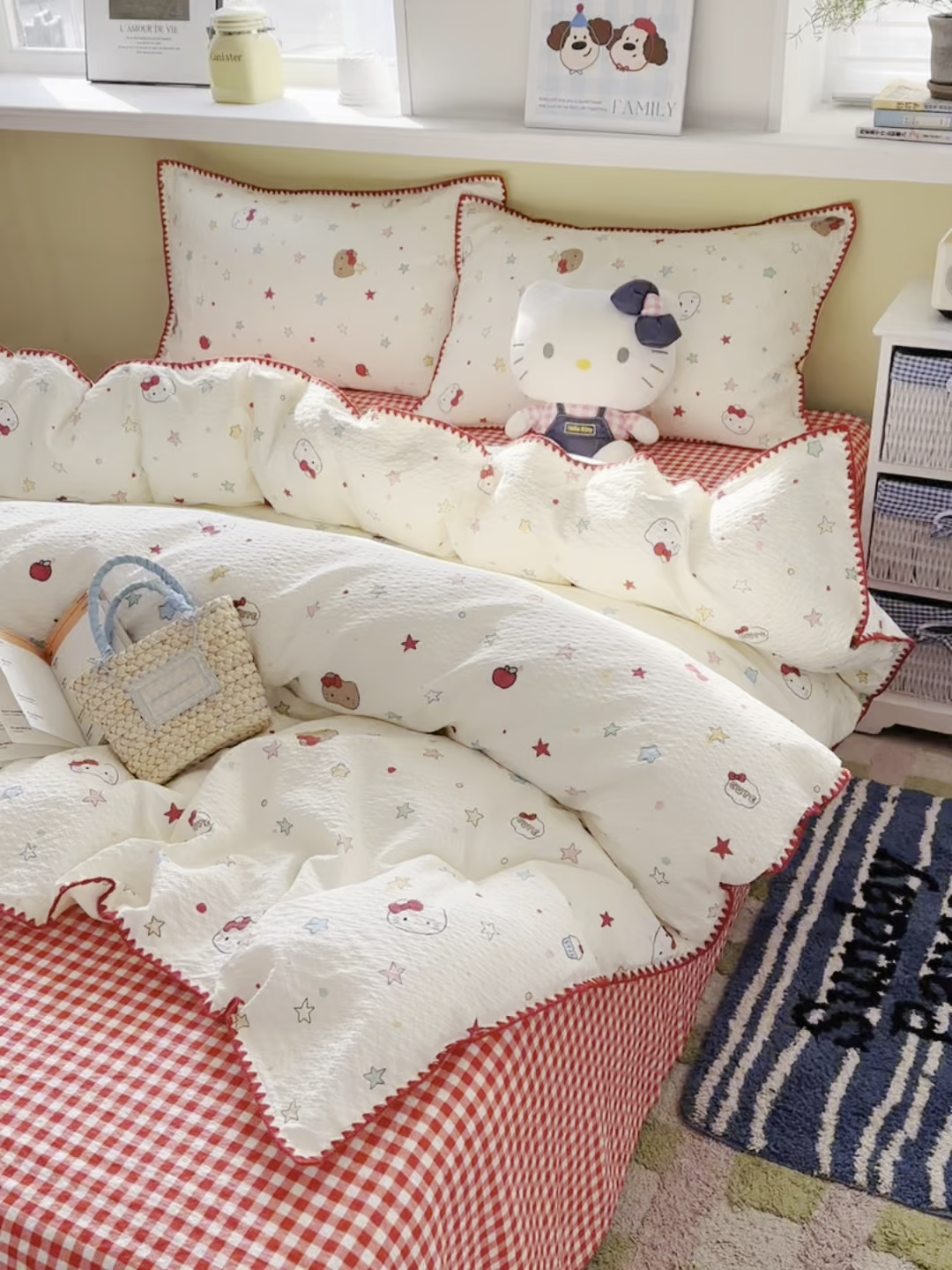 91家纺网 家纺一手货源 找家纺 几禾 2026新款高品质A类110g泡芙纱甜栗贝壳边四件套 甜栗-星芒凯蒂