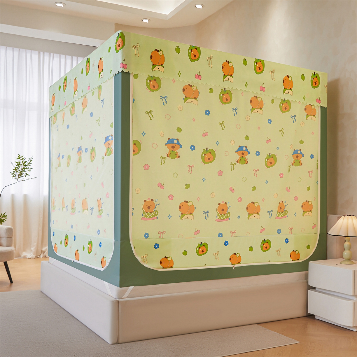 91家纺网 家纺一手货源 找家纺 迪凡保罗蚊帐 2026新款2606专版卡通回底全底AB版遮光帘坐床蚊帐 青苹果乐园-带床帘