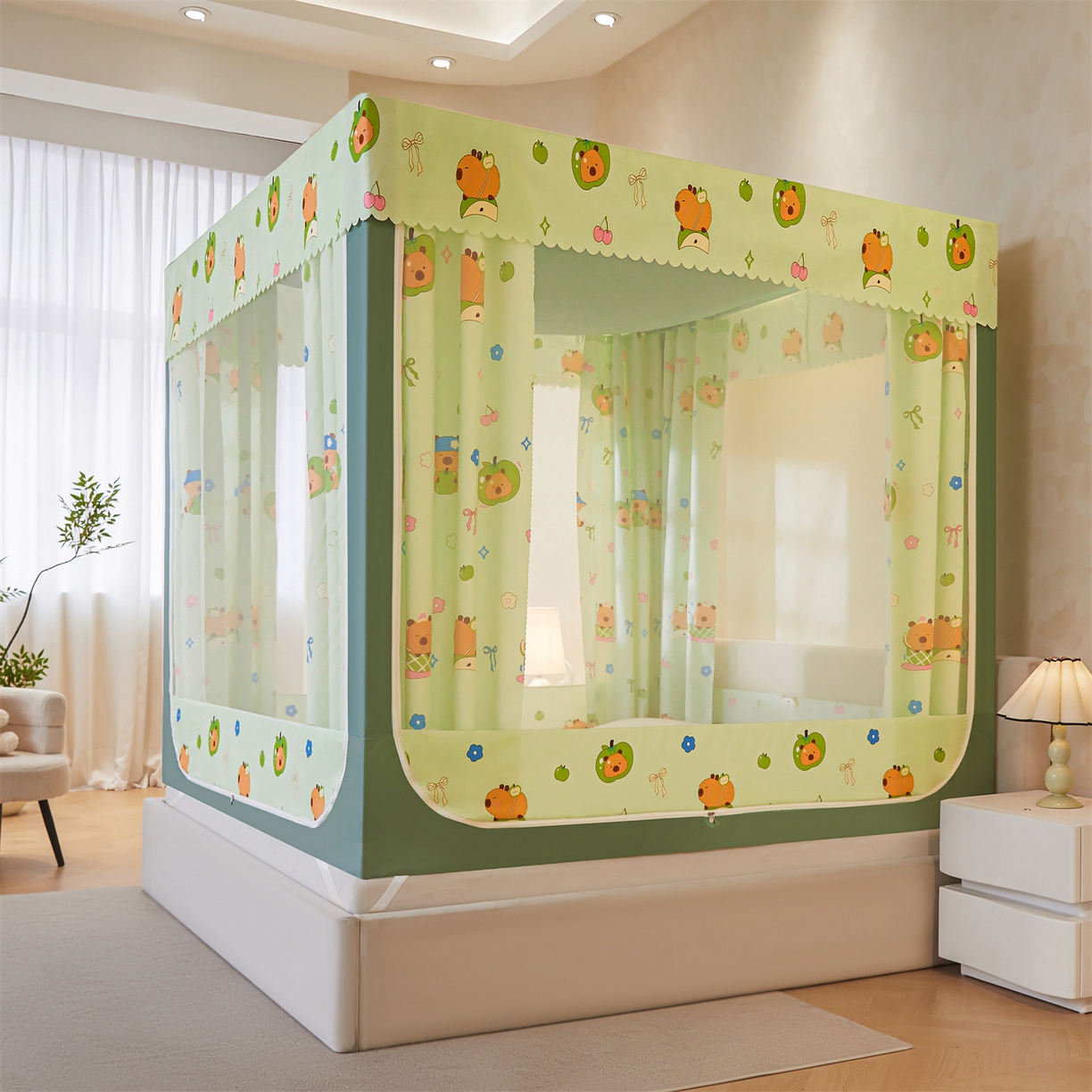 91家纺网 家纺一手货源 找家纺 迪凡保罗蚊帐 2026新款2606专版卡通回底全底AB版遮光帘坐床蚊帐 青苹果乐园-带床帘