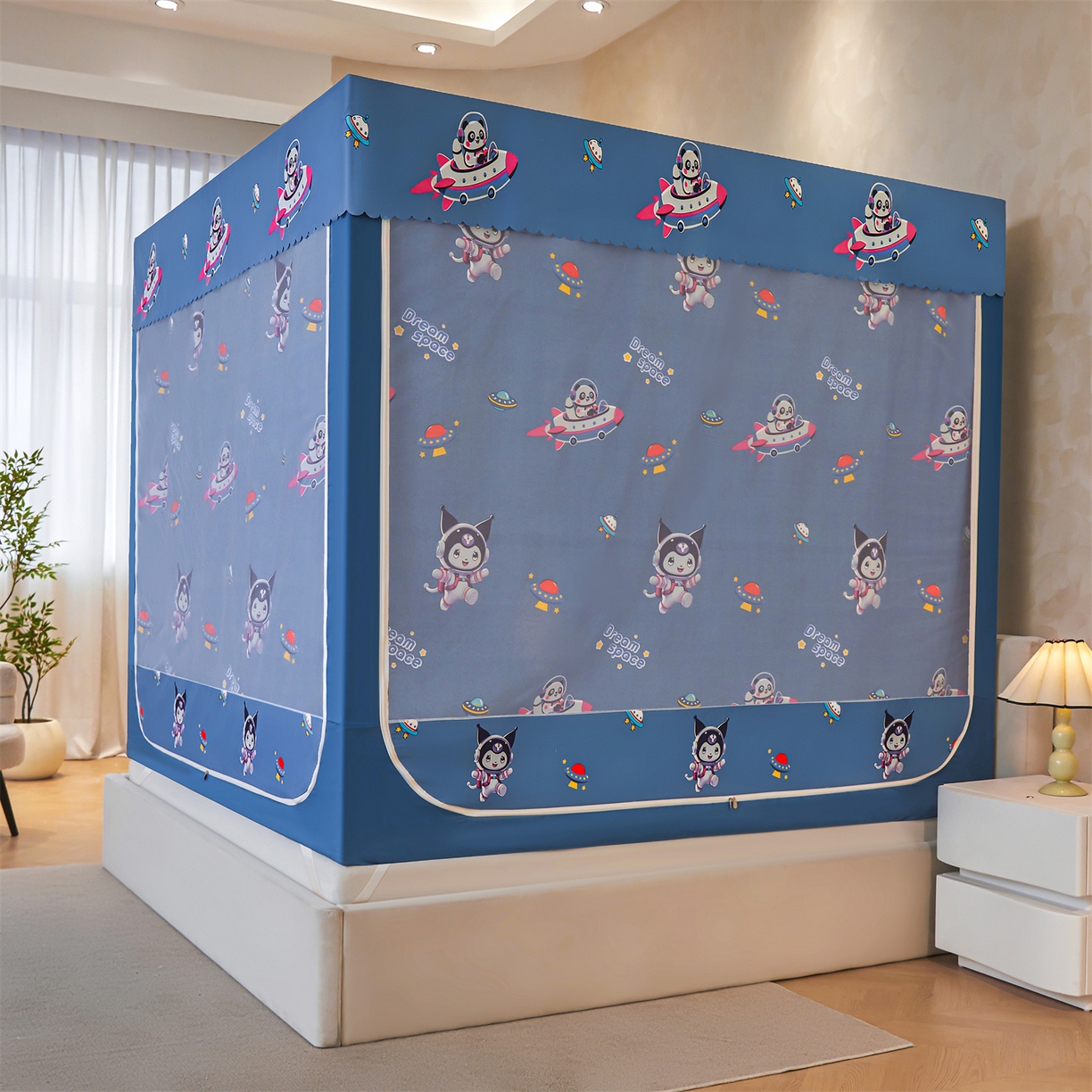 91家纺网 家纺一手货源 找家纺 迪凡保罗蚊帐 2026新款2606专版卡通回底全底AB版遮光帘坐床蚊帐 遨游太空-无床帘