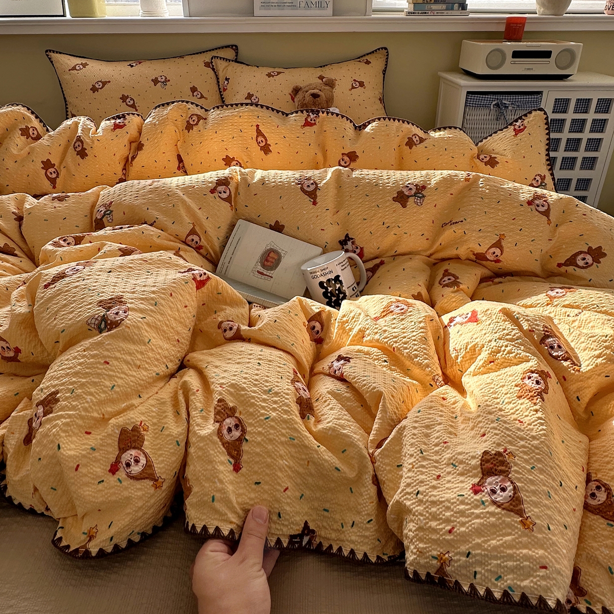 91家纺网 家纺一手货源 找家纺 几禾 2026新款高品质A类110g泡芙纱甜栗贝壳边四件套 甜栗-星星糖豆