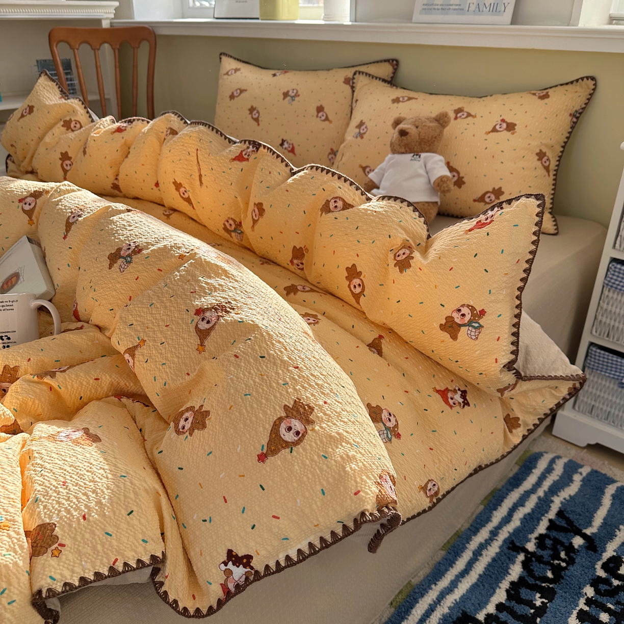 91家纺网 家纺一手货源 找家纺 几禾 2026新款高品质A类110g泡芙纱甜栗贝壳边四件套 甜栗-星星糖豆