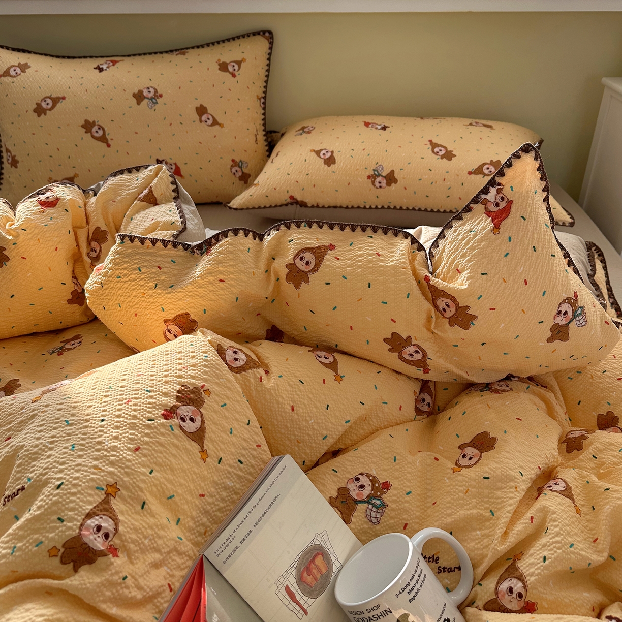 91家纺网 家纺一手货源 找家纺 几禾 2026新款高品质A类110g泡芙纱甜栗贝壳边四件套 甜栗-星星糖豆