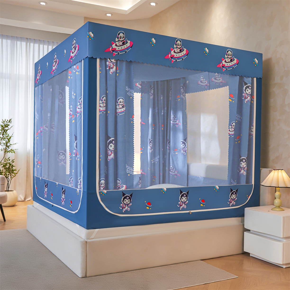 91家纺网 家纺一手货源 找家纺 迪凡保罗蚊帐 2026新款2606专版卡通回底全底AB版遮光帘坐床蚊帐 遨游太空-无床帘