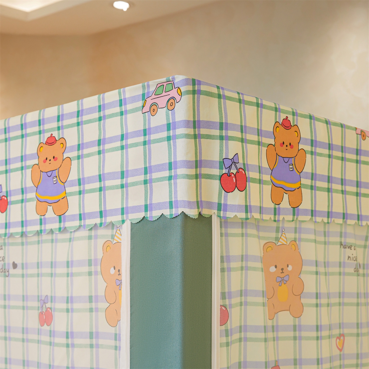 91家纺网 家纺一手货源 找家纺 迪凡保罗蚊帐 2026新款2606专版卡通回底全底AB版遮光帘坐床蚊帐 动物世界-无床帘