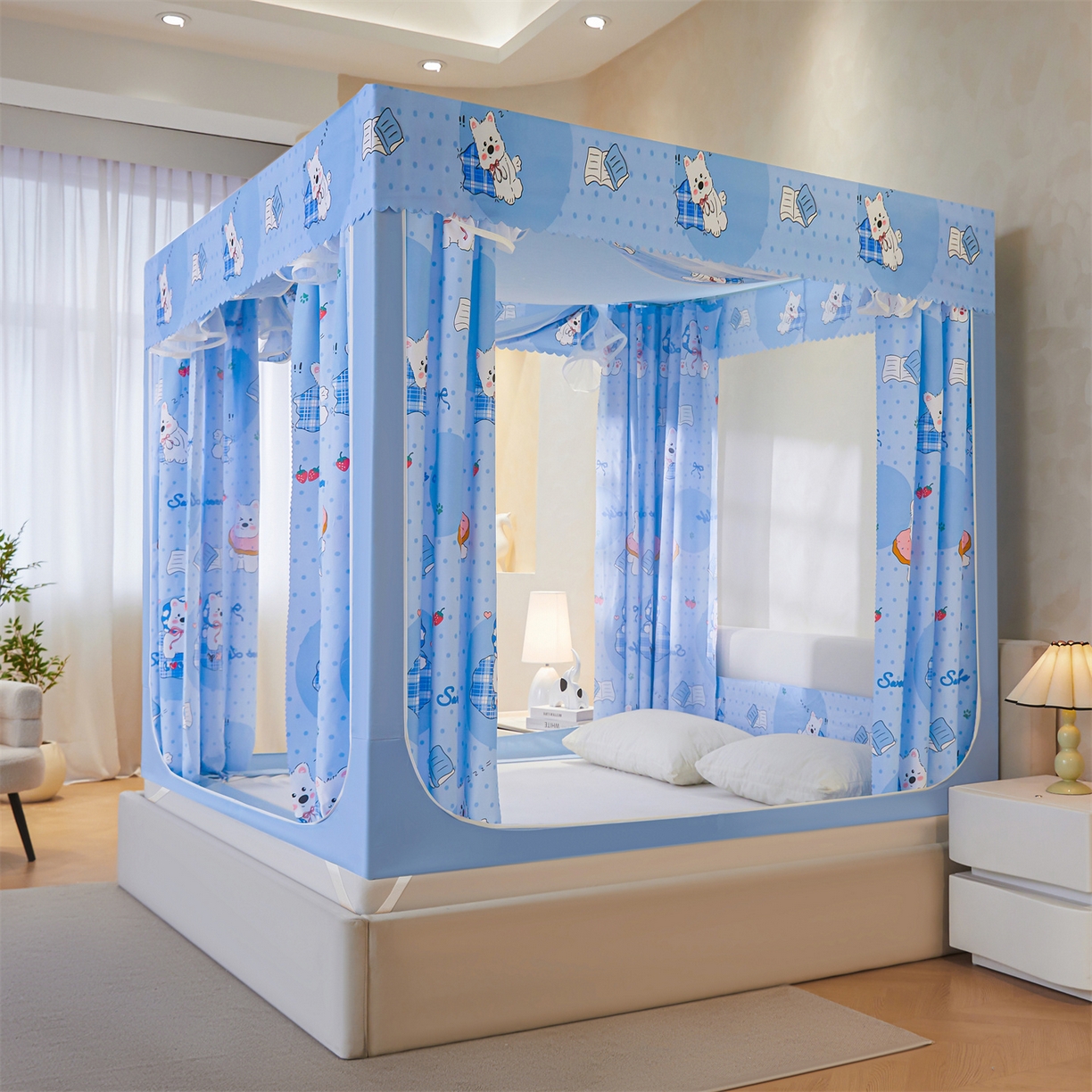 91家纺网 家纺一手货源 找家纺 迪凡保罗蚊帐 2026新款2606专版卡通回底全底AB版遮光帘坐床蚊帐 小狗派对-无床帘