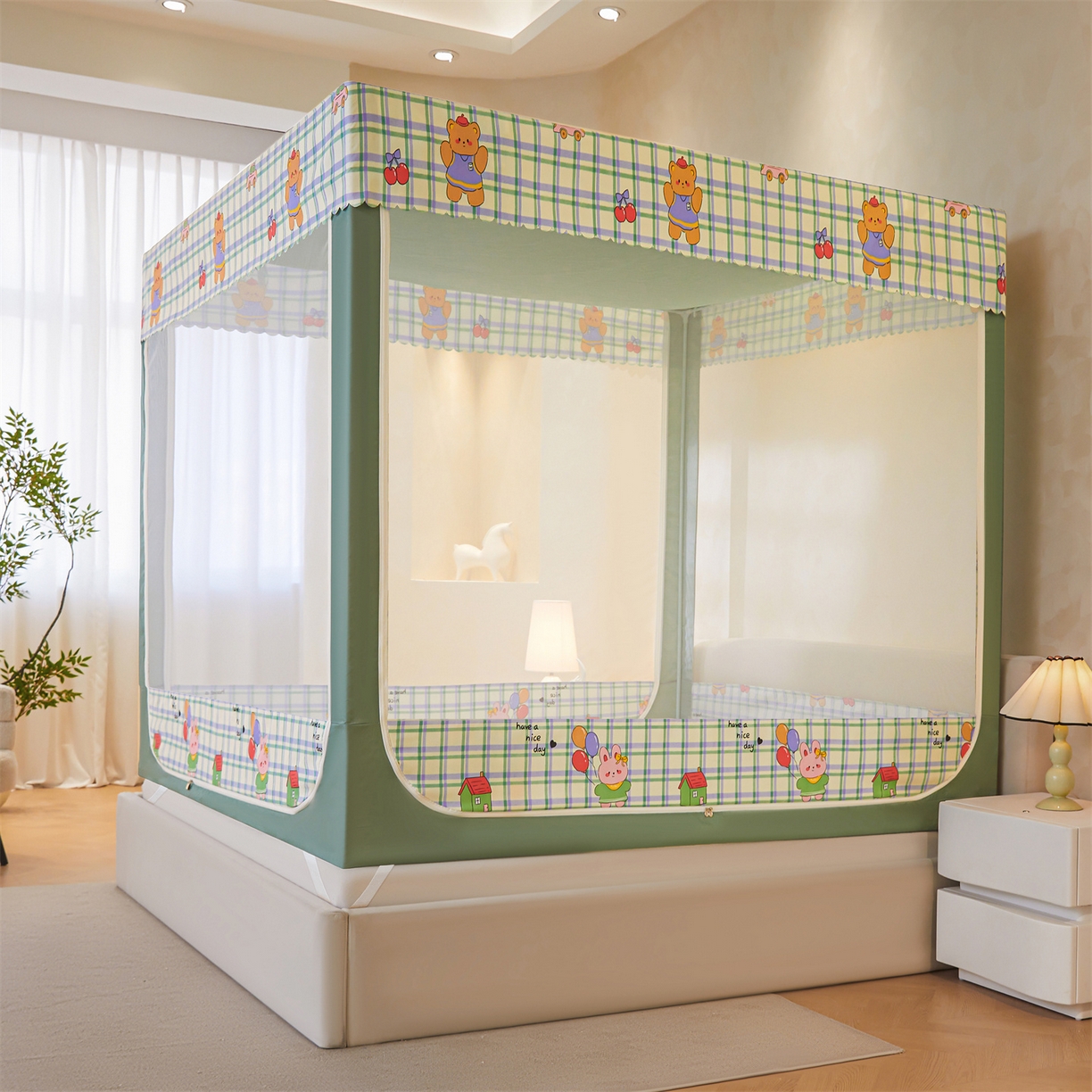 91家纺网 家纺一手货源 找家纺 迪凡保罗蚊帐 2026新款2606专版卡通回底全底AB版遮光帘坐床蚊帐 动物世界-无床帘