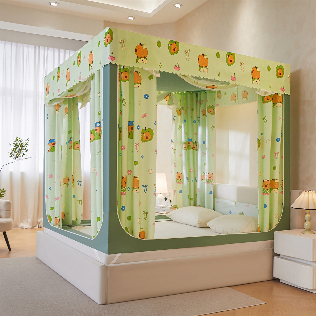 91家纺网 家纺一手货源 找家纺 迪凡保罗蚊帐 2026新款2606专版卡通回底全底AB版遮光帘坐床蚊帐 青苹果乐园-带床帘