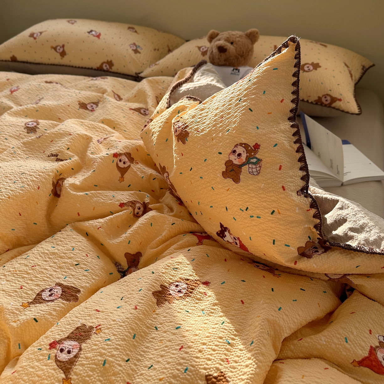 91家纺网 家纺一手货源 找家纺 几禾 2026新款高品质A类110g泡芙纱甜栗贝壳边四件套 甜栗-星星糖豆