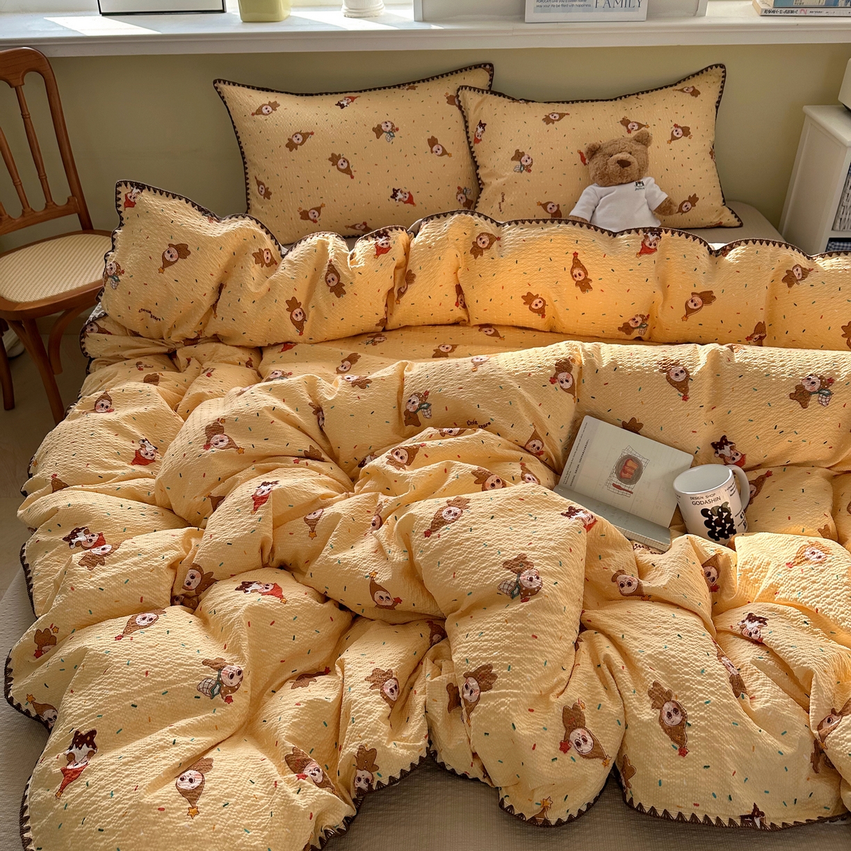 91家纺网 家纺一手货源 找家纺 几禾 2026新款高品质A类110g泡芙纱甜栗贝壳边四件套 甜栗-星星糖豆