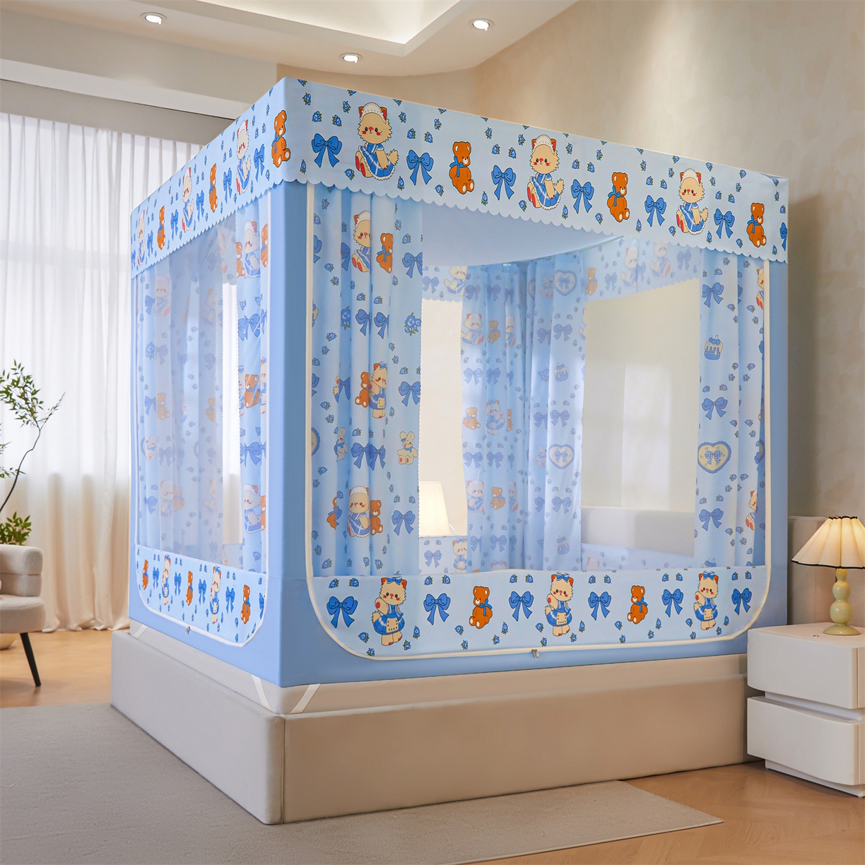 91家纺网 家纺一手货源 找家纺 迪凡保罗蚊帐 2026新款2606专版卡通回底全底AB版遮光帘坐床蚊帐 快乐乐园-无床帘