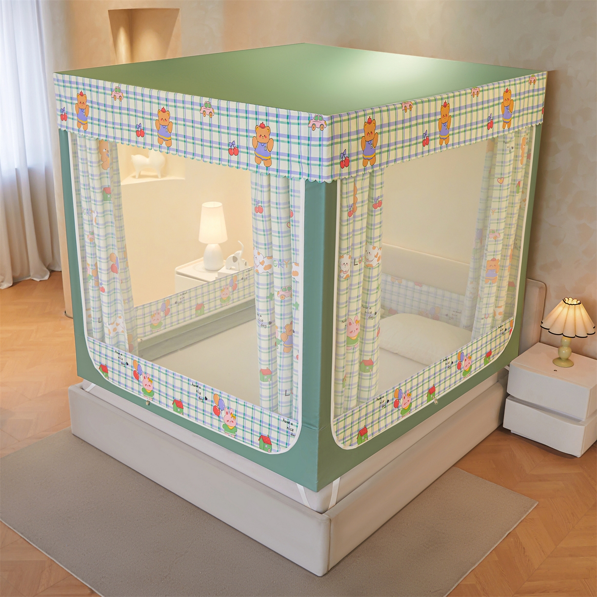 91家纺网 家纺一手货源 找家纺 迪凡保罗蚊帐 2026新款2606专版卡通回底全底AB版遮光帘坐床蚊帐 动物世界-无床帘