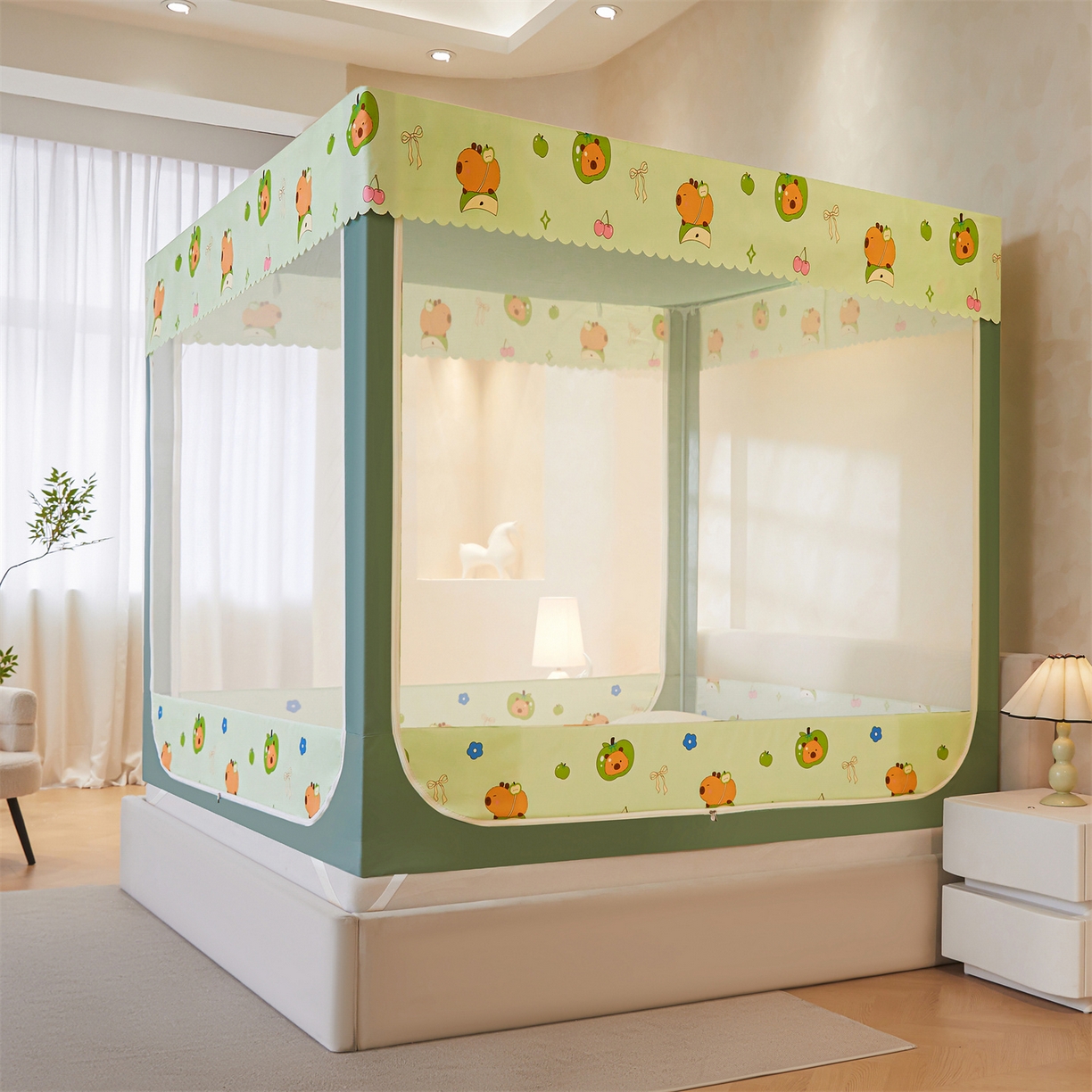 91家纺网 家纺一手货源 找家纺 迪凡保罗蚊帐 2026新款2606专版卡通回底全底AB版遮光帘坐床蚊帐 青苹果乐园-无床帘