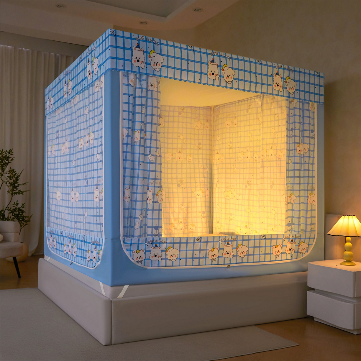 91家纺网 家纺一手货源 找家纺 迪凡保罗蚊帐 2026新款2606专版卡通回底全底AB版遮光帘坐床蚊帐 萌趣多多-带床帘