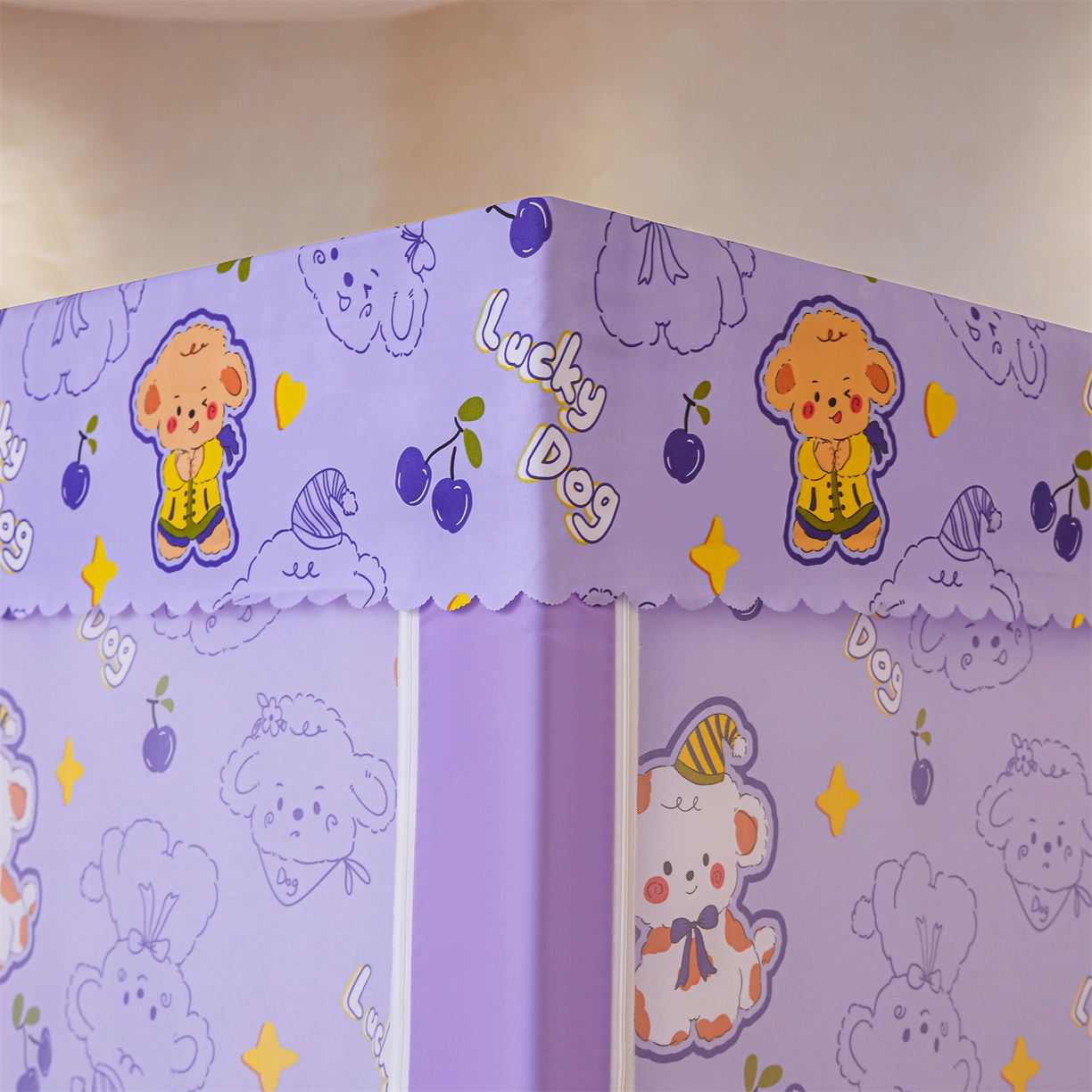 91家纺网 家纺一手货源 找家纺 迪凡保罗蚊帐 2026新款2606专版卡通回底全底AB版遮光帘坐床蚊帐 萌萌狗-带床帘