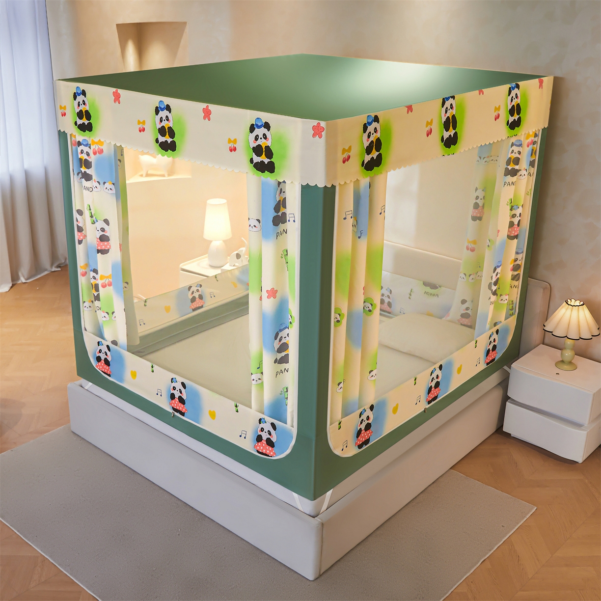 91家纺网 家纺一手货源 找家纺 迪凡保罗蚊帐 2026新款2606专版卡通回底全底AB版遮光帘坐床蚊帐 爱心熊猫-无床帘