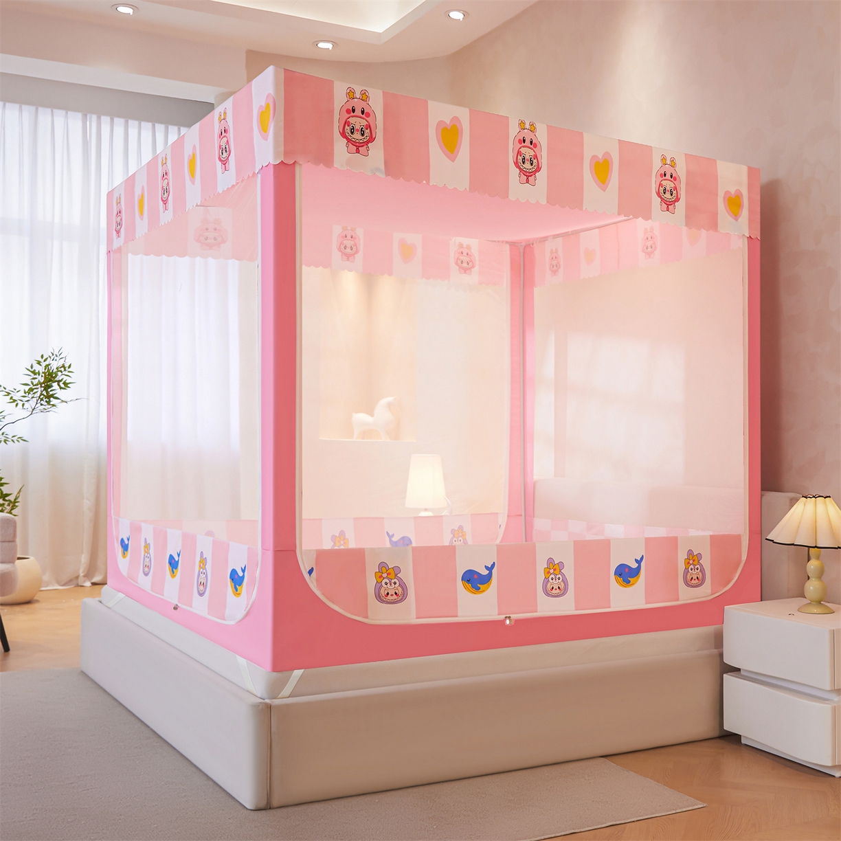 91家纺网 家纺一手货源 找家纺 迪凡保罗蚊帐 2026新款2606专版卡通回底全底AB版遮光帘坐床蚊帐 趣玩格子-无床帘