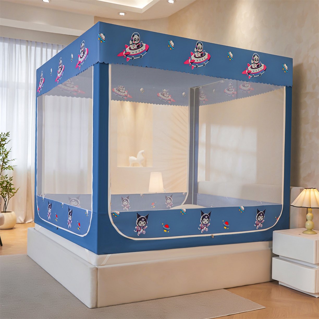 91家纺网 家纺一手货源 找家纺 迪凡保罗蚊帐 2026新款2606专版卡通回底全底AB版遮光帘坐床蚊帐 遨游太空-无床帘