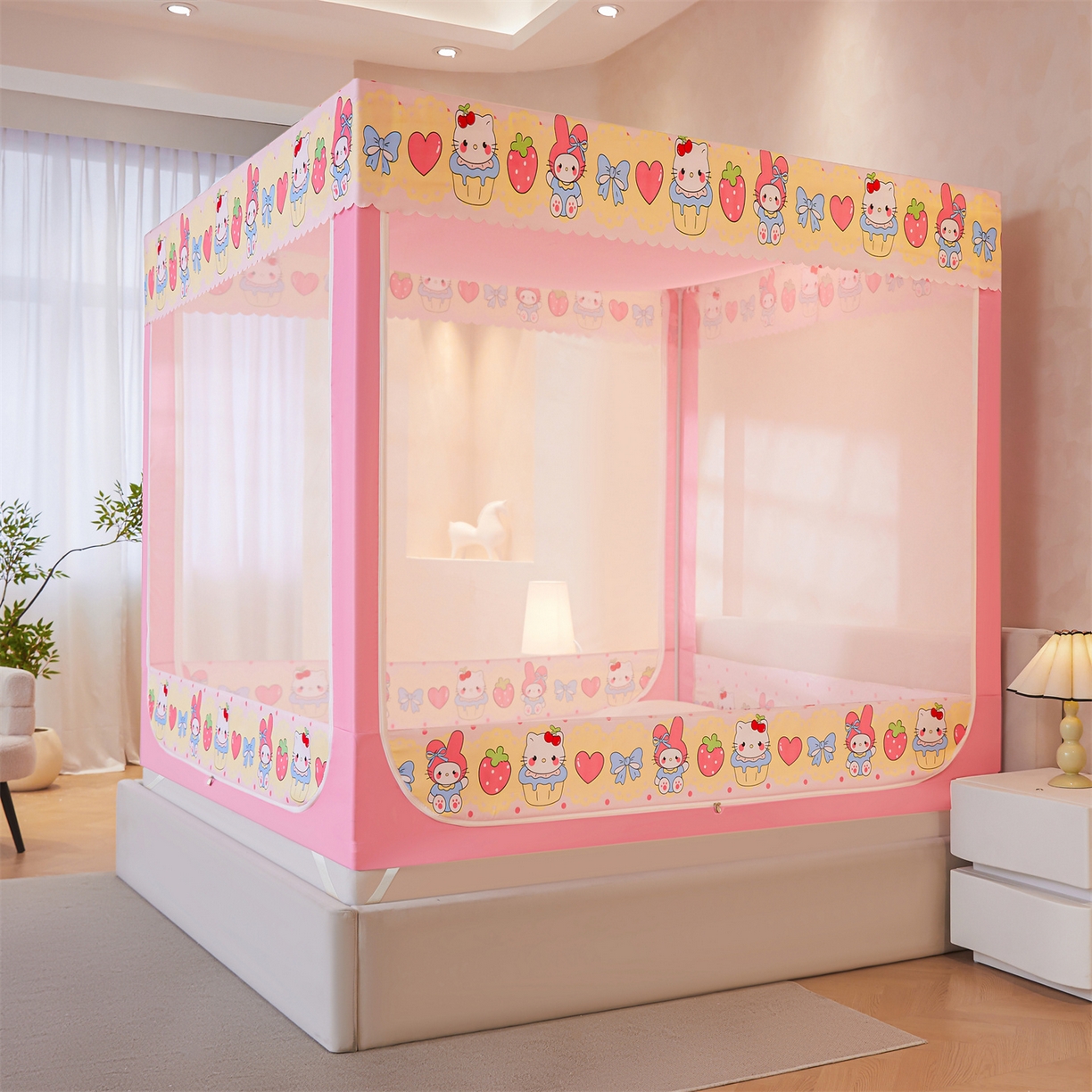 91家纺网 家纺一手货源 找家纺 迪凡保罗蚊帐 2026新款2606专版卡通回底全底AB版遮光帘坐床蚊帐 爱心蛋糕-无床帘