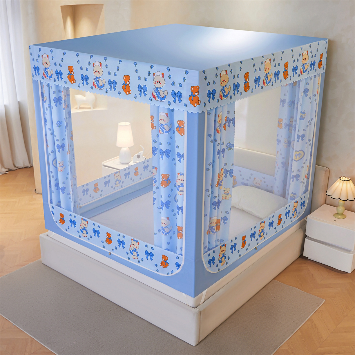 91家纺网 家纺一手货源 找家纺 迪凡保罗蚊帐 2026新款2606专版卡通回底全底AB版遮光帘坐床蚊帐 快乐乐园-无床帘