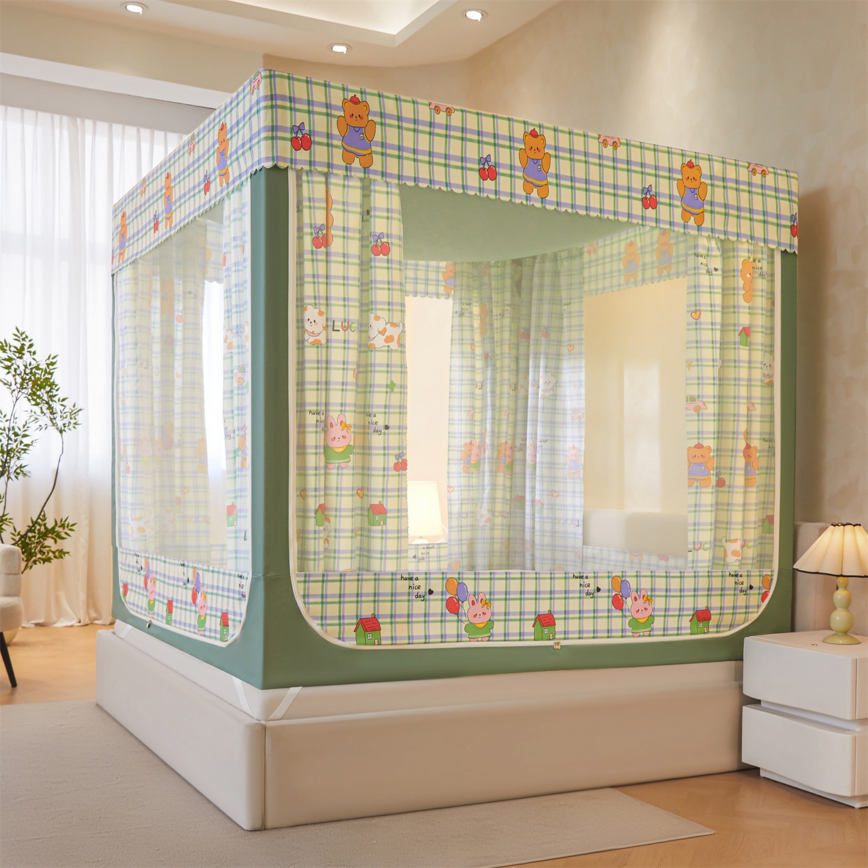 91家纺网 家纺一手货源 找家纺 迪凡保罗蚊帐 2026新款2606专版卡通回底全底AB版遮光帘坐床蚊帐 动物世界-无床帘