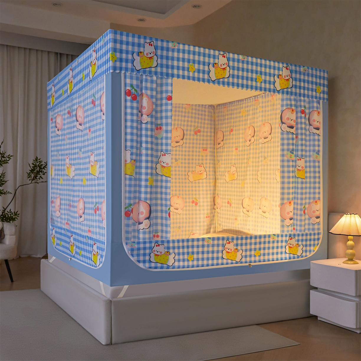 91家纺网 家纺一手货源 找家纺 迪凡保罗蚊帐 2026新款2606专版卡通回底全底AB版遮光帘坐床蚊帐 可爱奶狗-带床帘