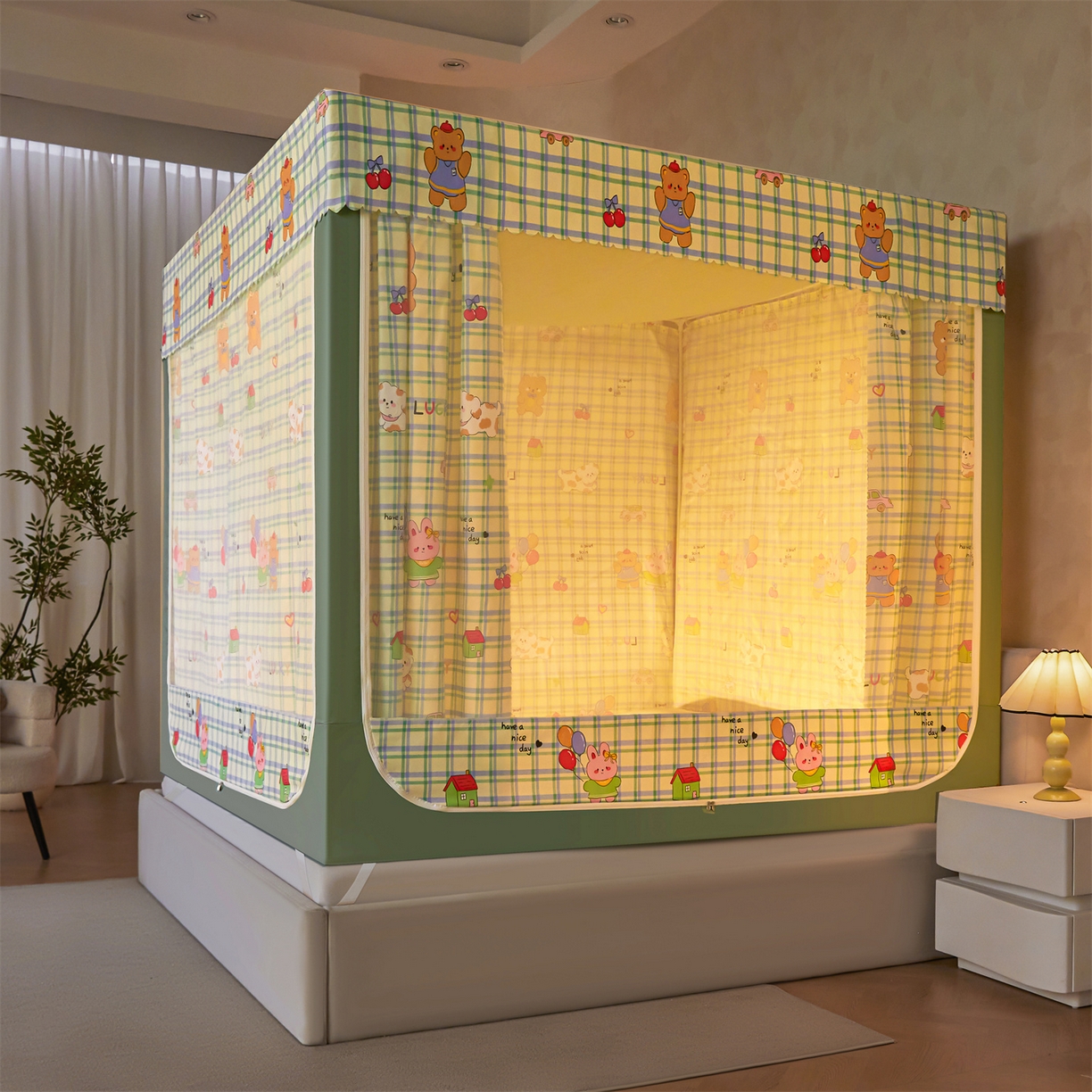 91家纺网 家纺一手货源 找家纺 迪凡保罗蚊帐 2026新款2606专版卡通回底全底AB版遮光帘坐床蚊帐 动物世界-无床帘