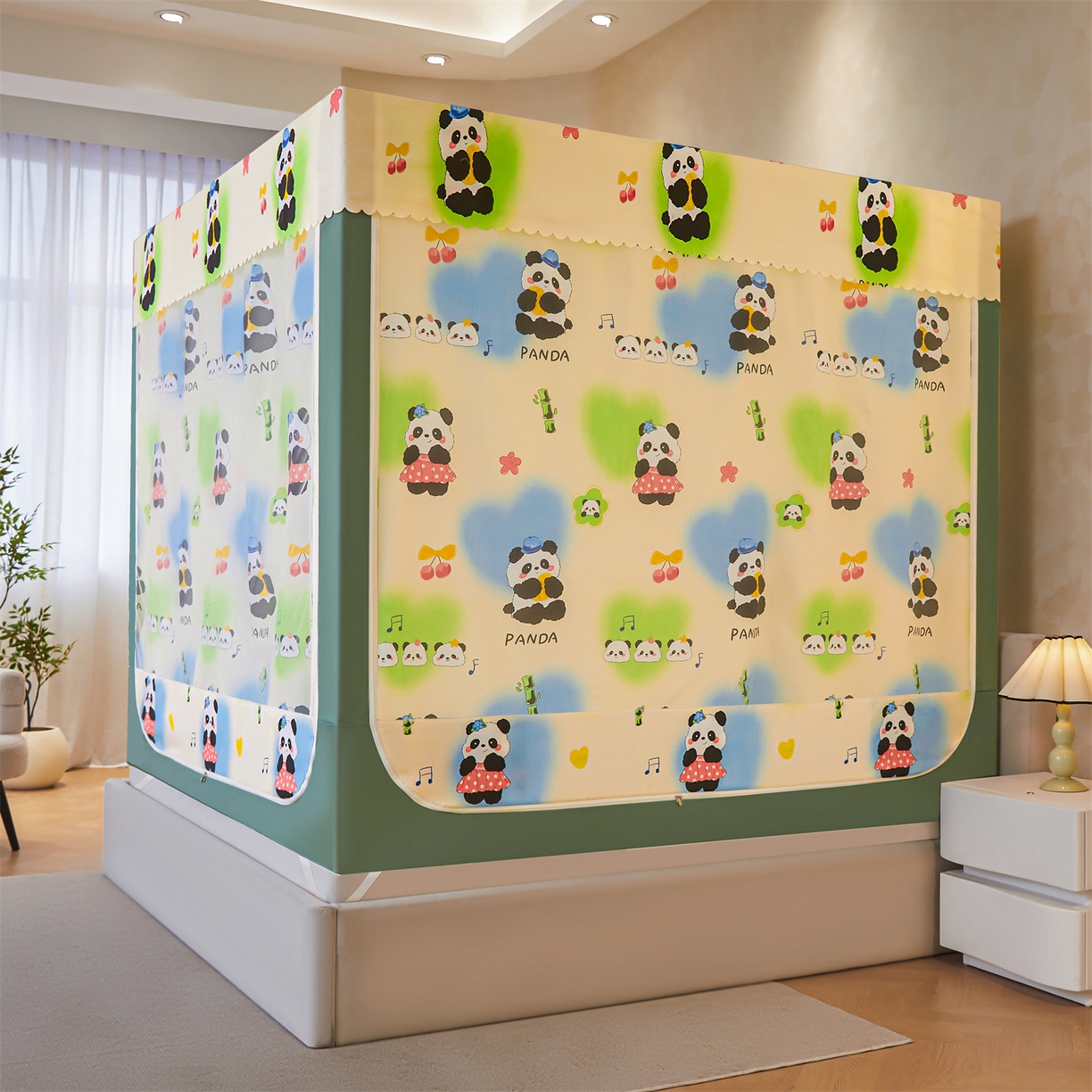 91家纺网 家纺一手货源 找家纺 迪凡保罗蚊帐 2026新款2606专版卡通回底全底AB版遮光帘坐床蚊帐 爱心熊猫-无床帘