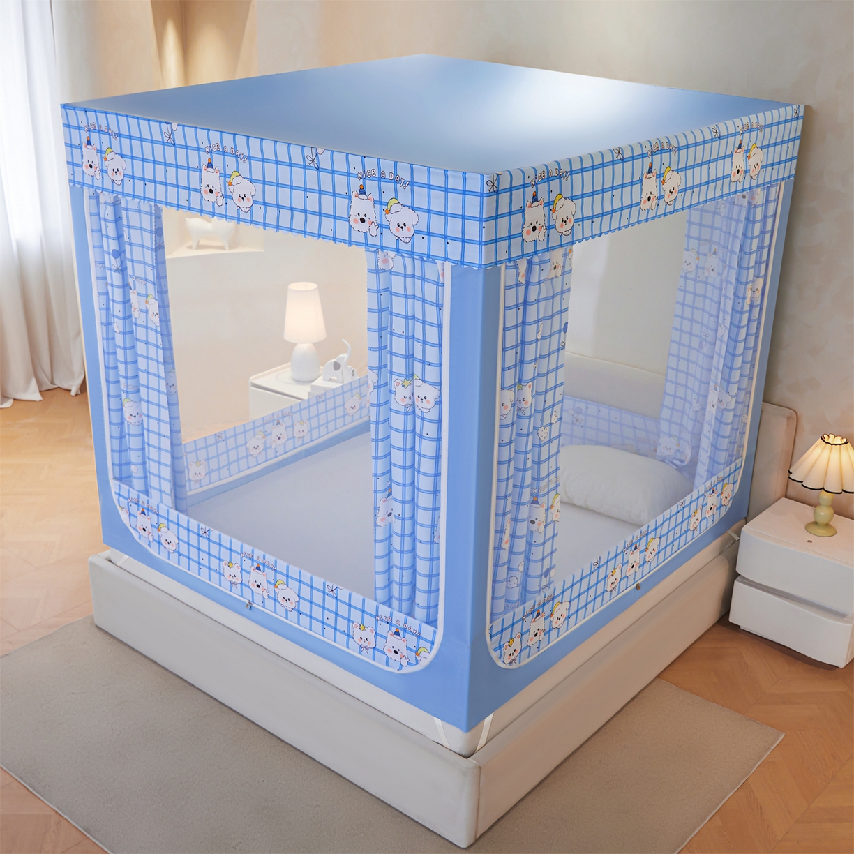 91家纺网 家纺一手货源 找家纺 迪凡保罗蚊帐 2026新款2606专版卡通回底全底AB版遮光帘坐床蚊帐 萌趣多多-带床帘