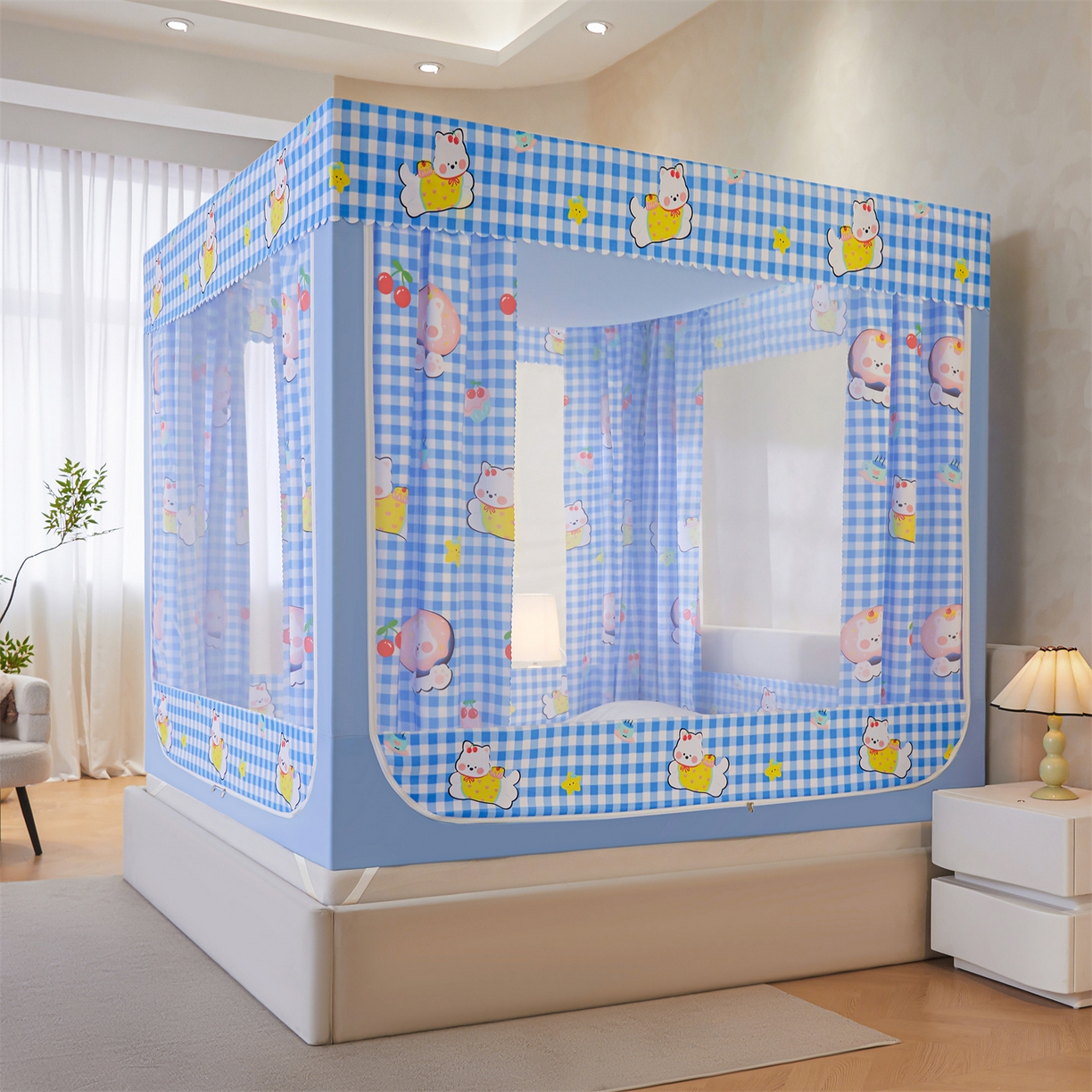 91家纺网 家纺一手货源 找家纺 迪凡保罗蚊帐 2026新款2606专版卡通回底全底AB版遮光帘坐床蚊帐 可爱奶狗-带床帘