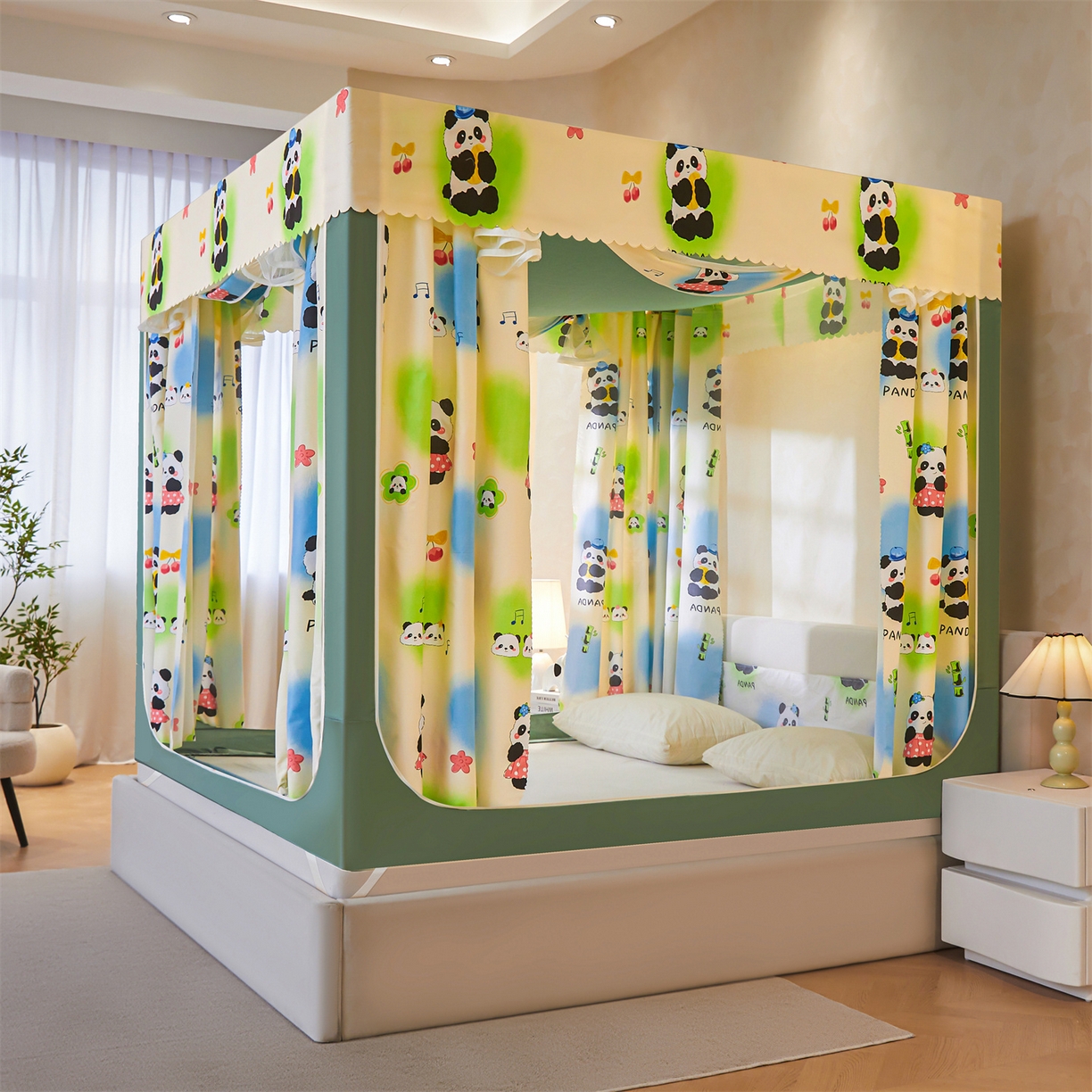 91家纺网 家纺一手货源 找家纺 迪凡保罗蚊帐 2026新款2606专版卡通回底全底AB版遮光帘坐床蚊帐 爱心熊猫-无床帘