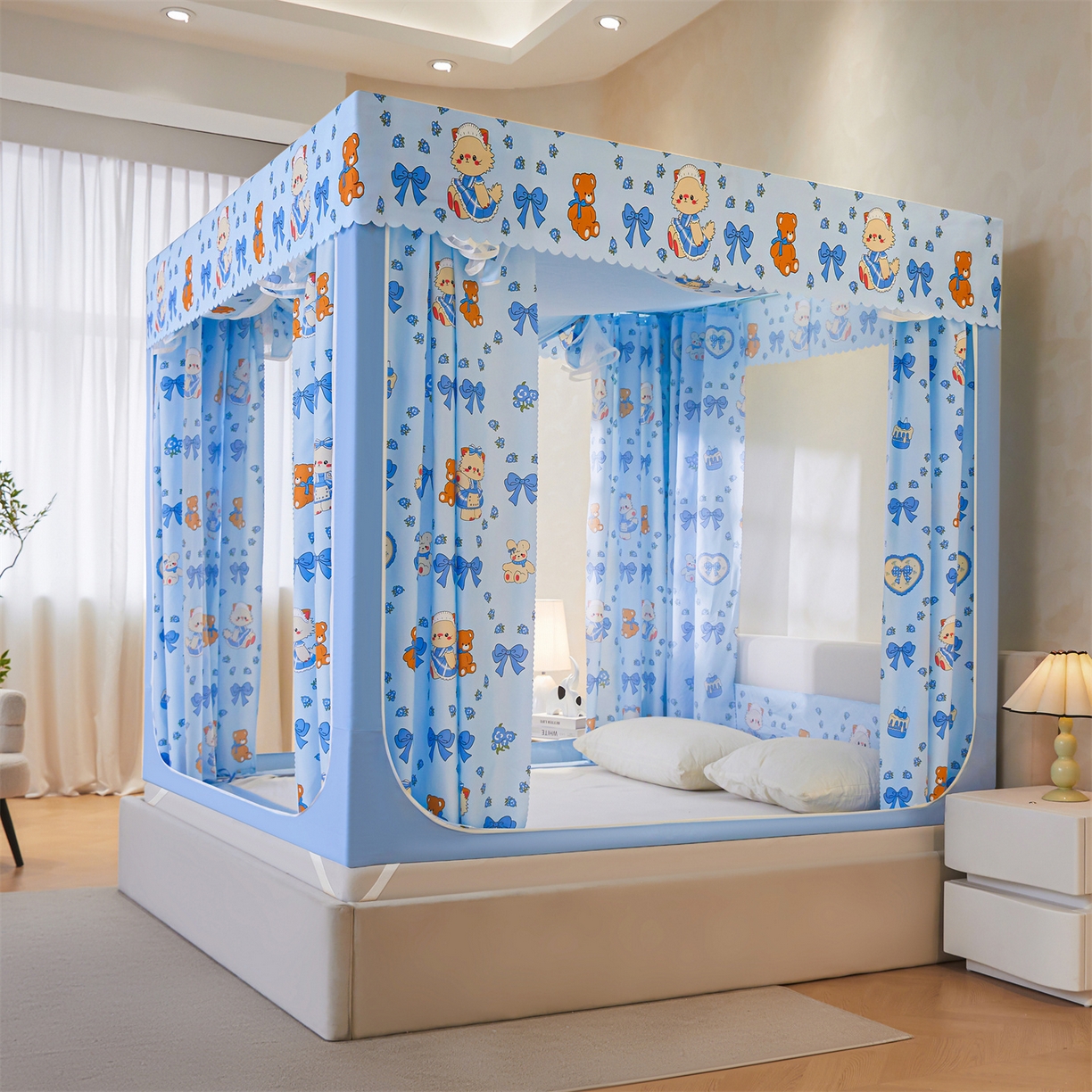 91家纺网 家纺一手货源 找家纺 迪凡保罗蚊帐 2026新款2606专版卡通回底全底AB版遮光帘坐床蚊帐 快乐乐园-带床帘