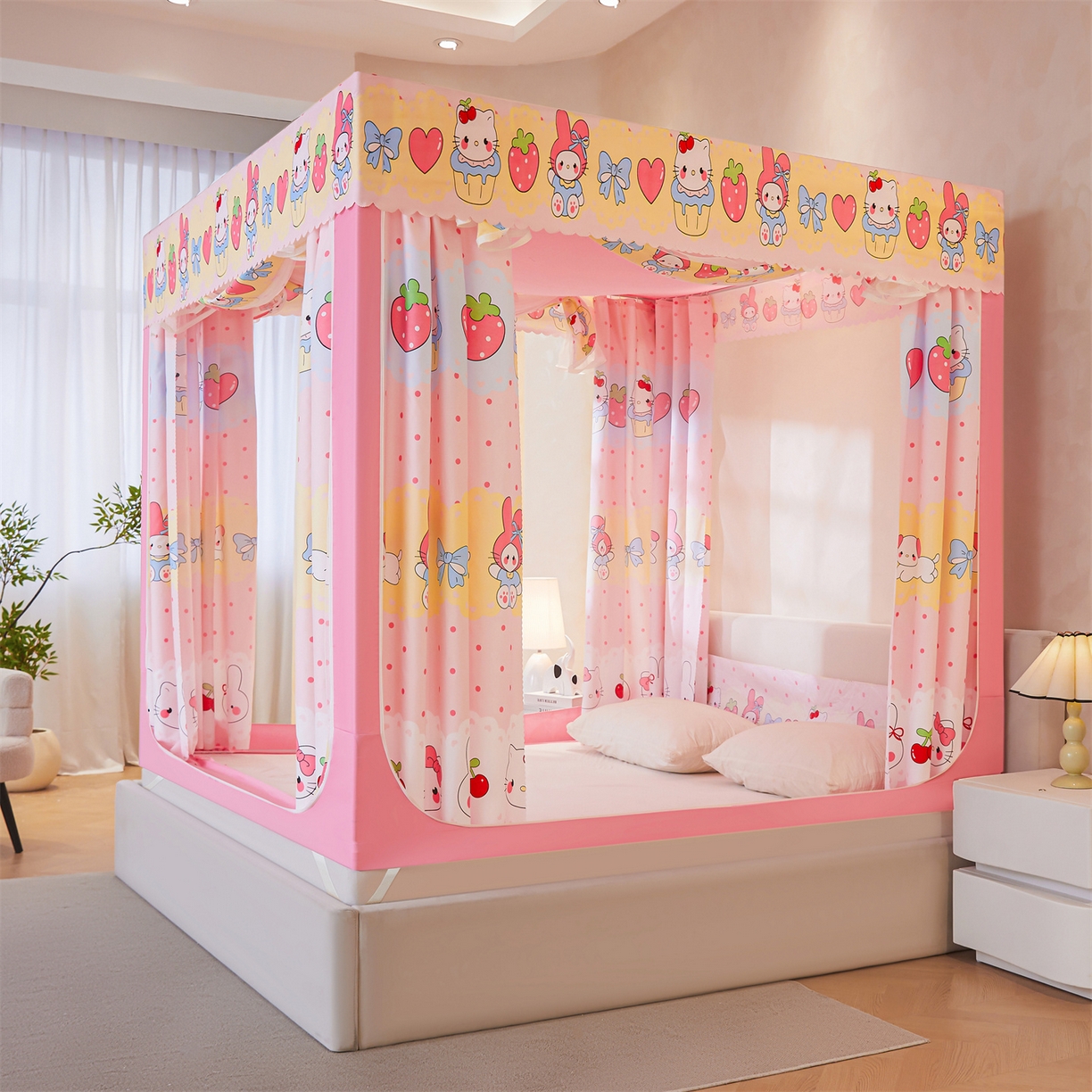 91家纺网 家纺一手货源 找家纺 迪凡保罗蚊帐 2026新款2606专版卡通回底全底AB版遮光帘坐床蚊帐 爱心蛋糕-无床帘