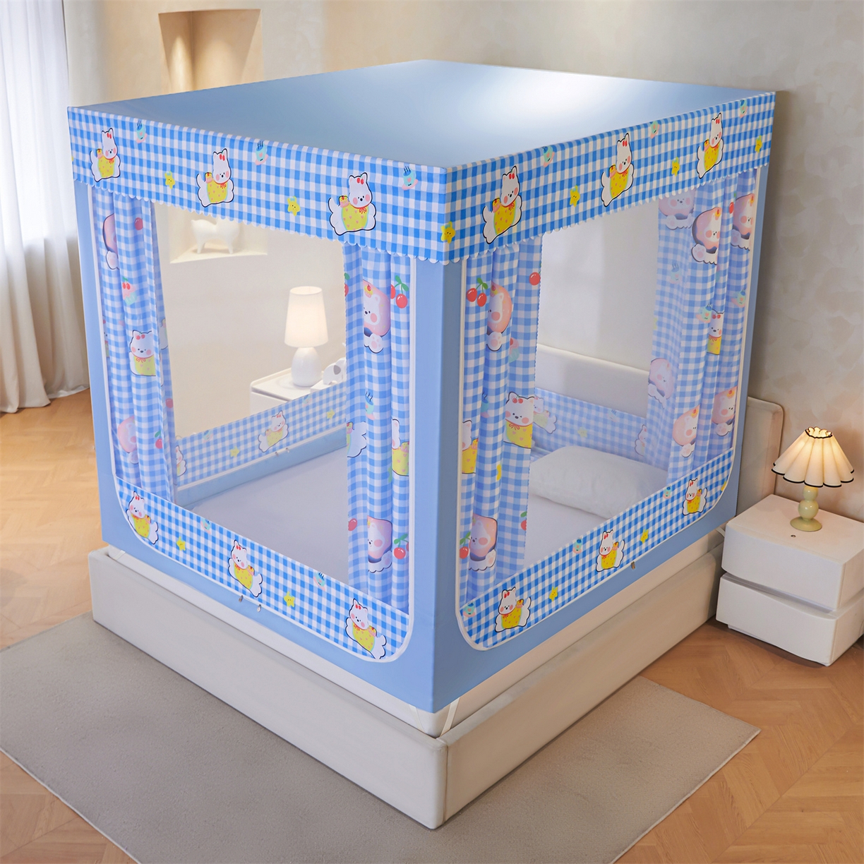 91家纺网 家纺一手货源 找家纺 迪凡保罗蚊帐 2026新款2606专版卡通回底全底AB版遮光帘坐床蚊帐 可爱奶狗-带床帘