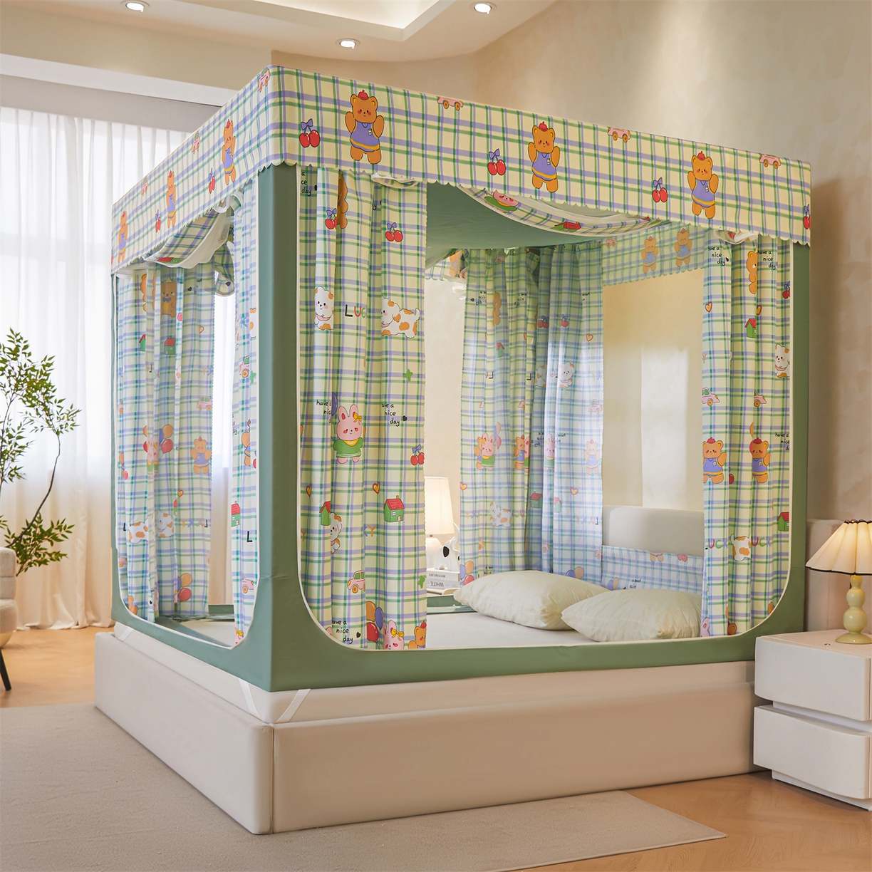 91家纺网 家纺一手货源 找家纺 迪凡保罗蚊帐 2026新款2606专版卡通回底全底AB版遮光帘坐床蚊帐 动物世界-无床帘