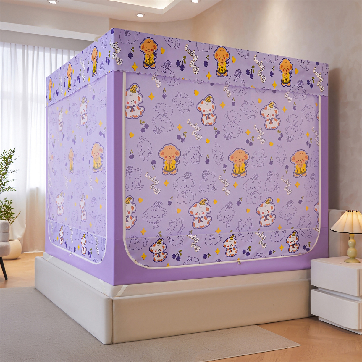 91家纺网 家纺一手货源 找家纺 迪凡保罗蚊帐 2026新款2606专版卡通回底全底AB版遮光帘坐床蚊帐 萌萌狗-带床帘