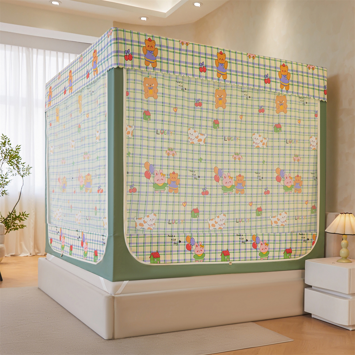 91家纺网 家纺一手货源 找家纺 迪凡保罗蚊帐 2026新款2606专版卡通回底全底AB版遮光帘坐床蚊帐 动物世界-无床帘