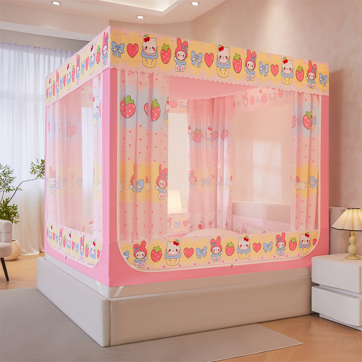 91家纺网 家纺一手货源 找家纺 迪凡保罗蚊帐 2026新款2606专版卡通回底全底AB版遮光帘坐床蚊帐 爱心蛋糕-无床帘