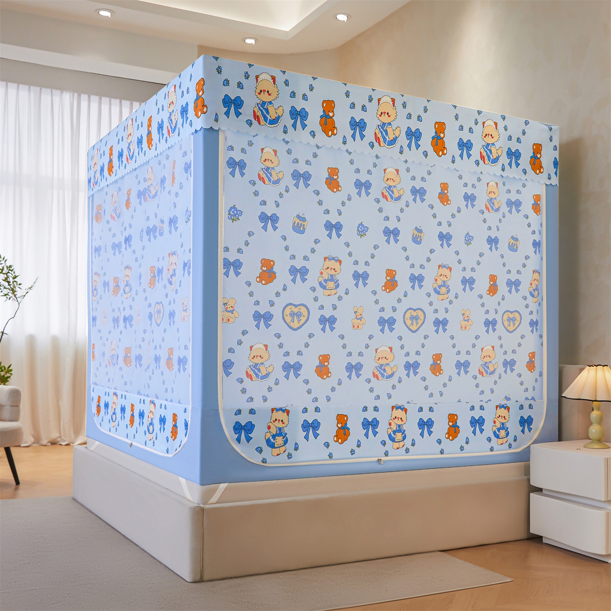 91家纺网 家纺一手货源 找家纺 迪凡保罗蚊帐 2026新款2606专版卡通回底全底AB版遮光帘坐床蚊帐 快乐乐园-无床帘